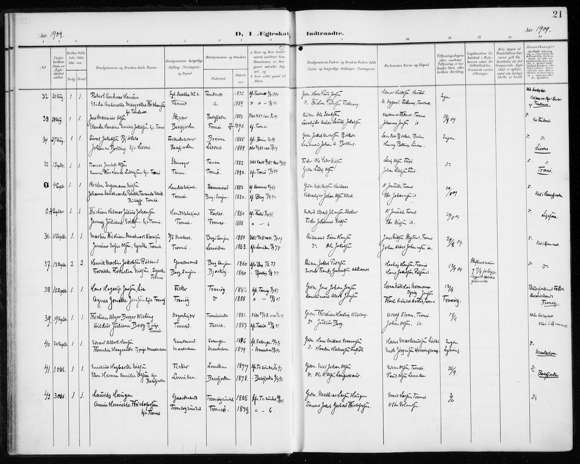 Tromsø sokneprestkontor/stiftsprosti/domprosti, SATØ/S-1343/G/Ga/L0018kirke: Parish register (official) no. 18, 1907-1917, p. 21