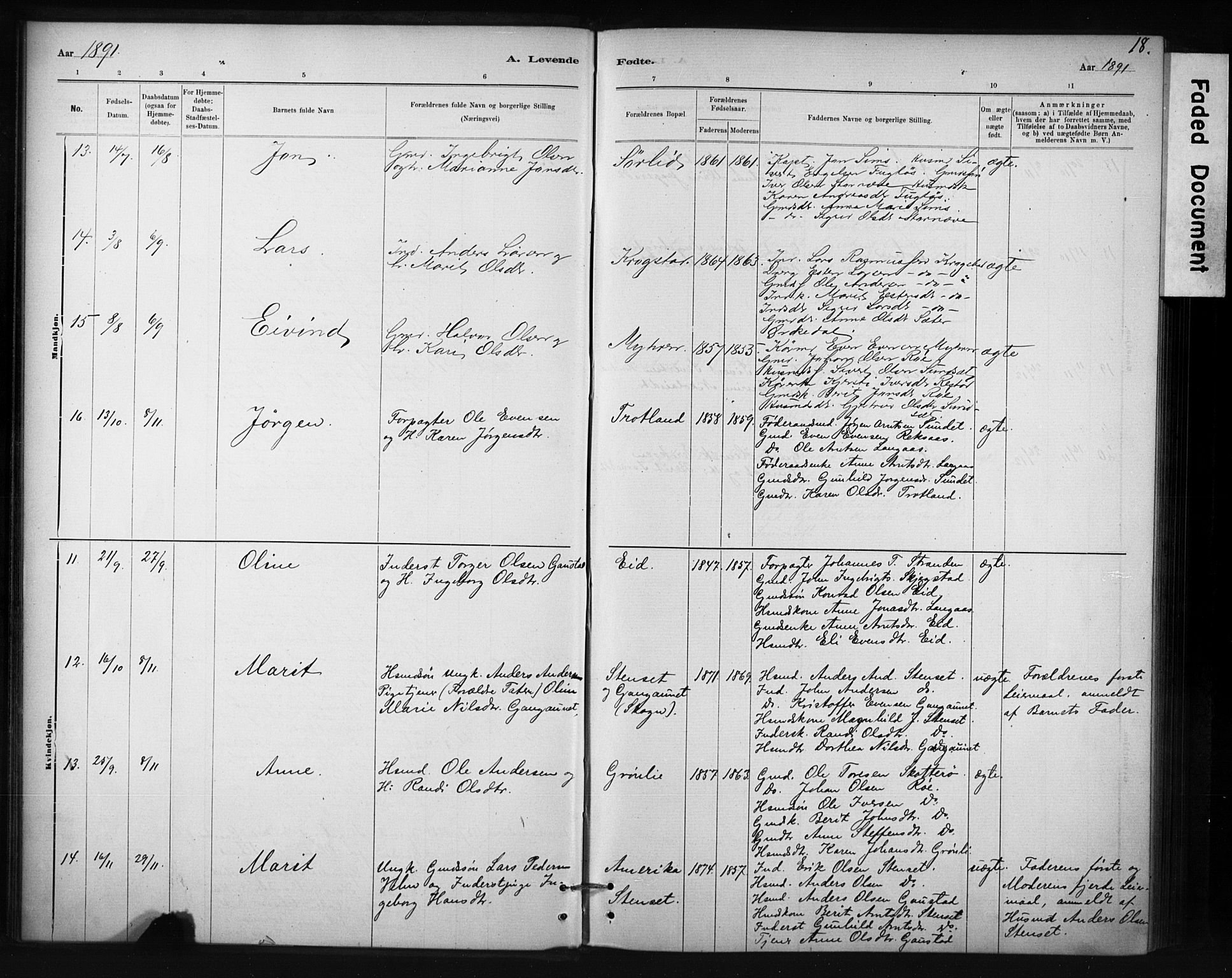 Ministerialprotokoller, klokkerbøker og fødselsregistre - Sør-Trøndelag, AV/SAT-A-1456/694/L1127: Parish register (official) no. 694A01, 1887-1905, p. 18