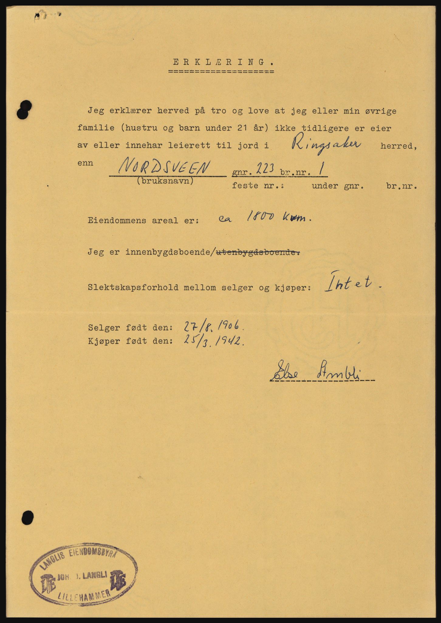 Nord-Hedmark sorenskriveri, SAH/TING-012/H/Hc/L0022: Mortgage book no. 22, 1965-1965, Diary no: : 4214/1965