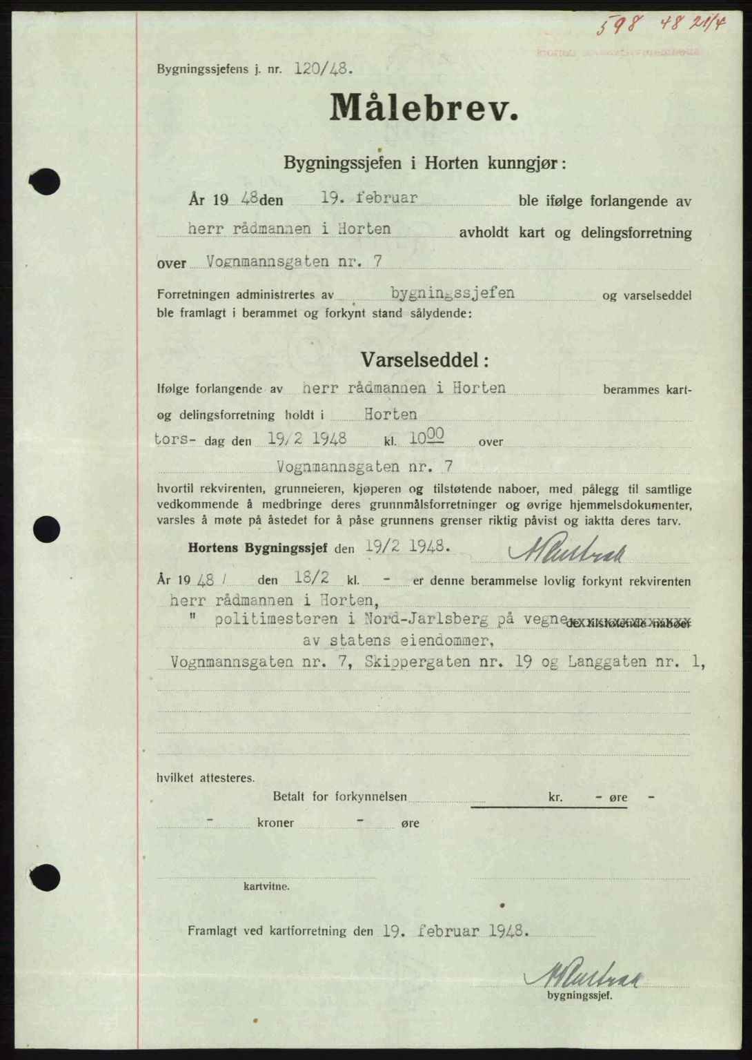 Horten sorenskriveri, AV/SAKO-A-133/G/Ga/Gaa/L0010: Mortgage book no. A-10, 1947-1948, Diary no: : 598/1948