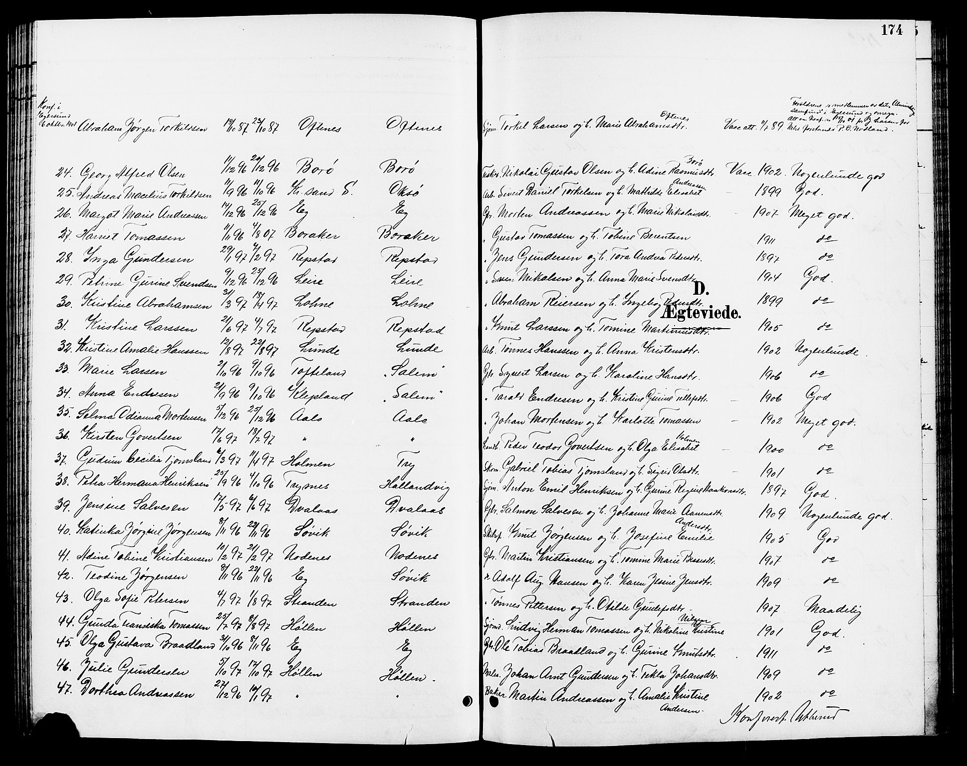 Søgne sokneprestkontor, SAK/1111-0037/F/Fb/Fbb/L0006: Parish register (copy) no. B 6, 1892-1911, p. 174