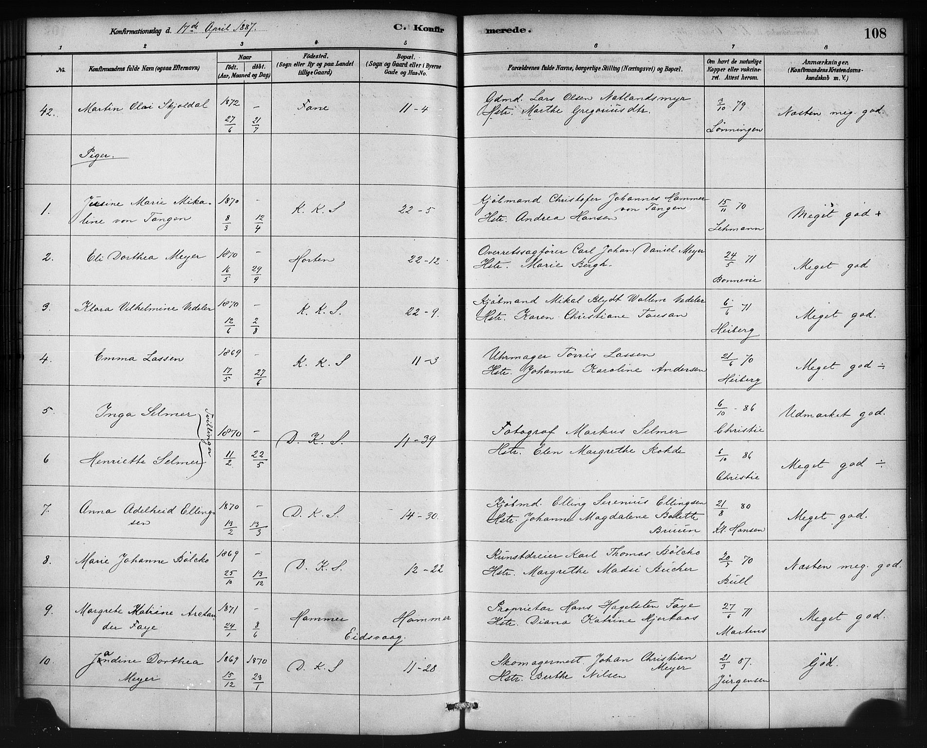 Korskirken sokneprestembete, AV/SAB-A-76101/H/Haa/L0029: Parish register (official) no. C 5, 1880-1892, p. 108