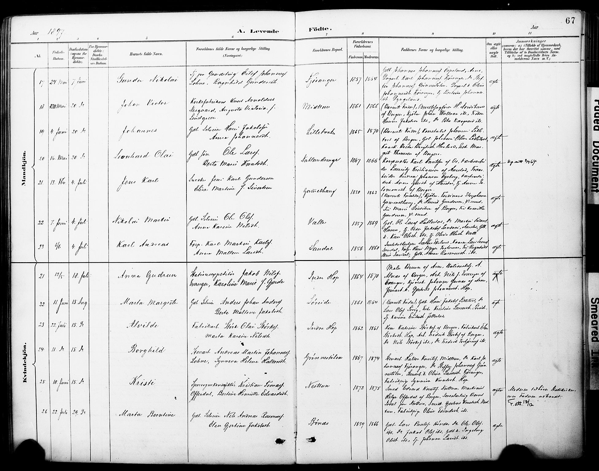 Fana Sokneprestembete, AV/SAB-A-75101/H/Haa/Haai/L0002: Parish register (official) no. I 2, 1888-1899, p. 67