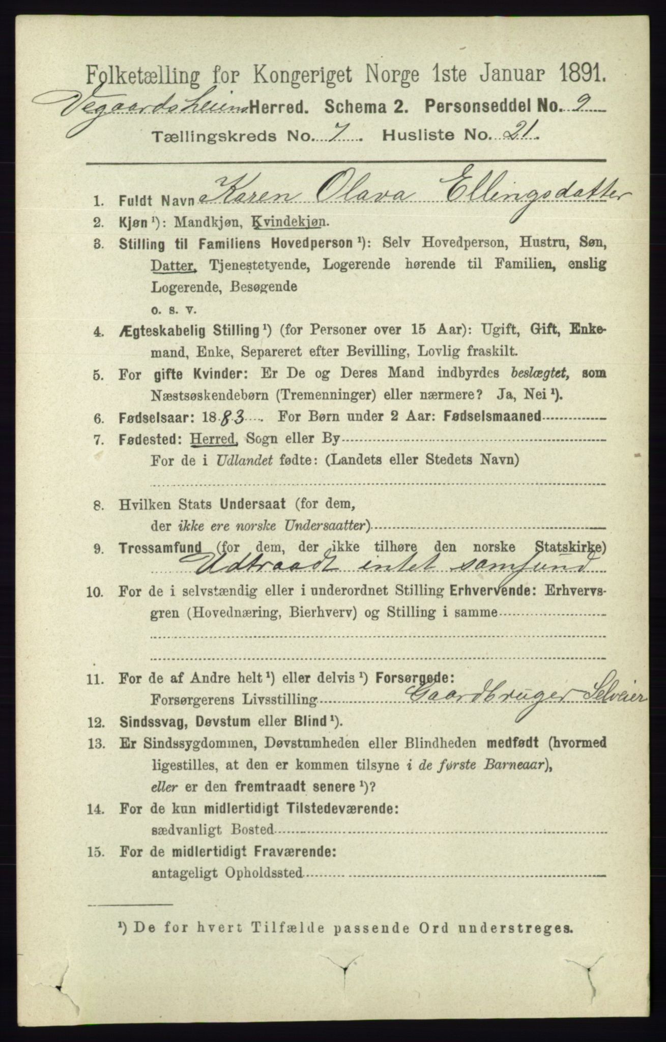 RA, 1891 census for 0912 Vegårshei, 1891, p. 1485