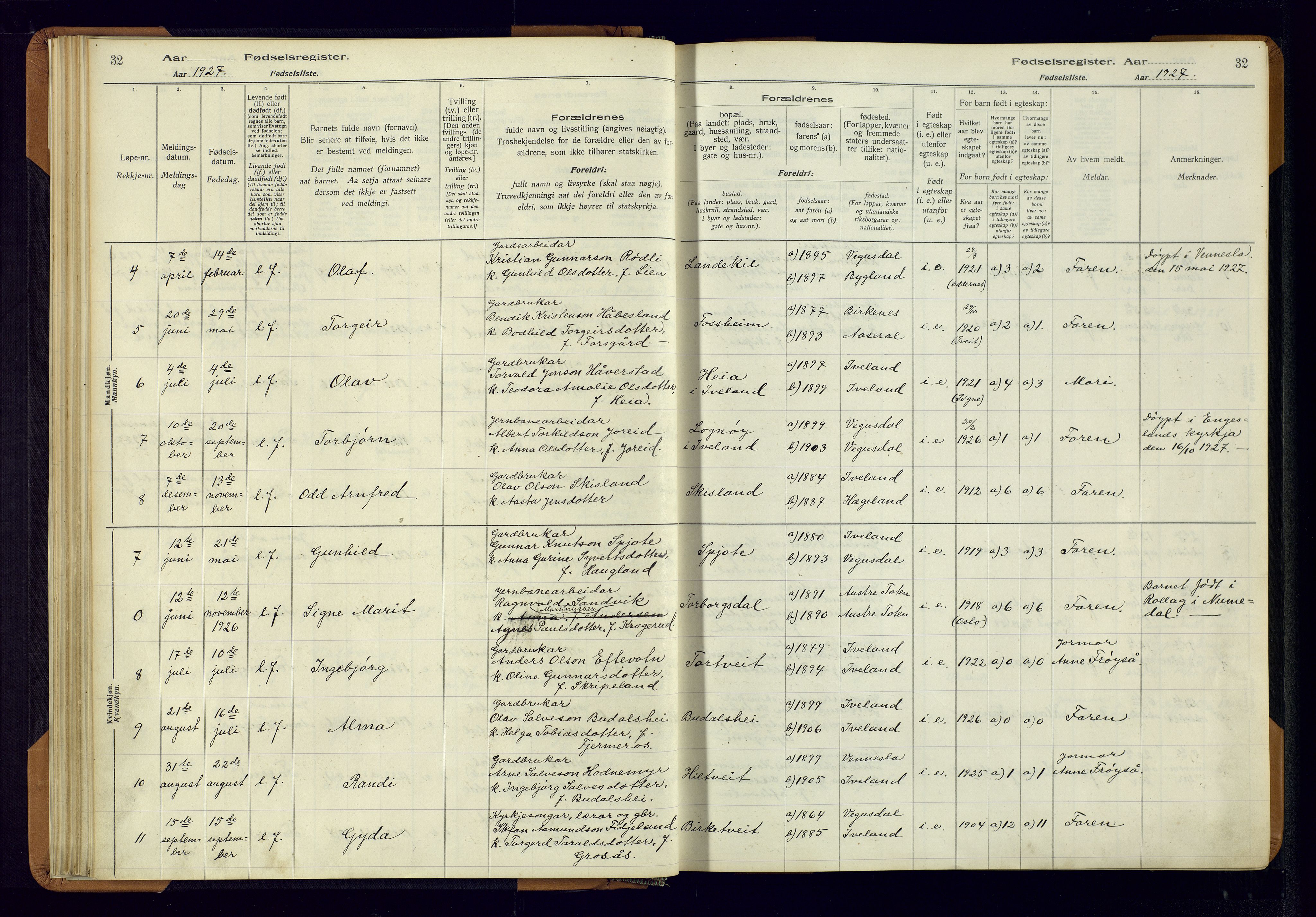 Evje sokneprestkontor, AV/SAK-1111-0008/J/Jc/L0003: Birth register no. II.4.3, 1916-1982, p. 32