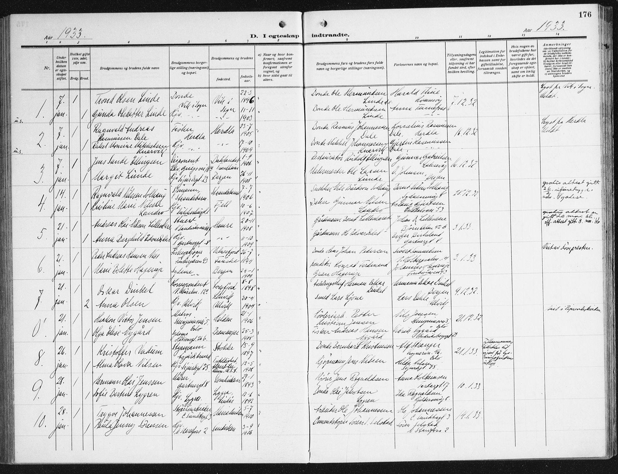 Domkirken sokneprestembete, SAB/A-74801/H/Haa/L0039: Parish register (official) no. D 6, 1921-1937, p. 176