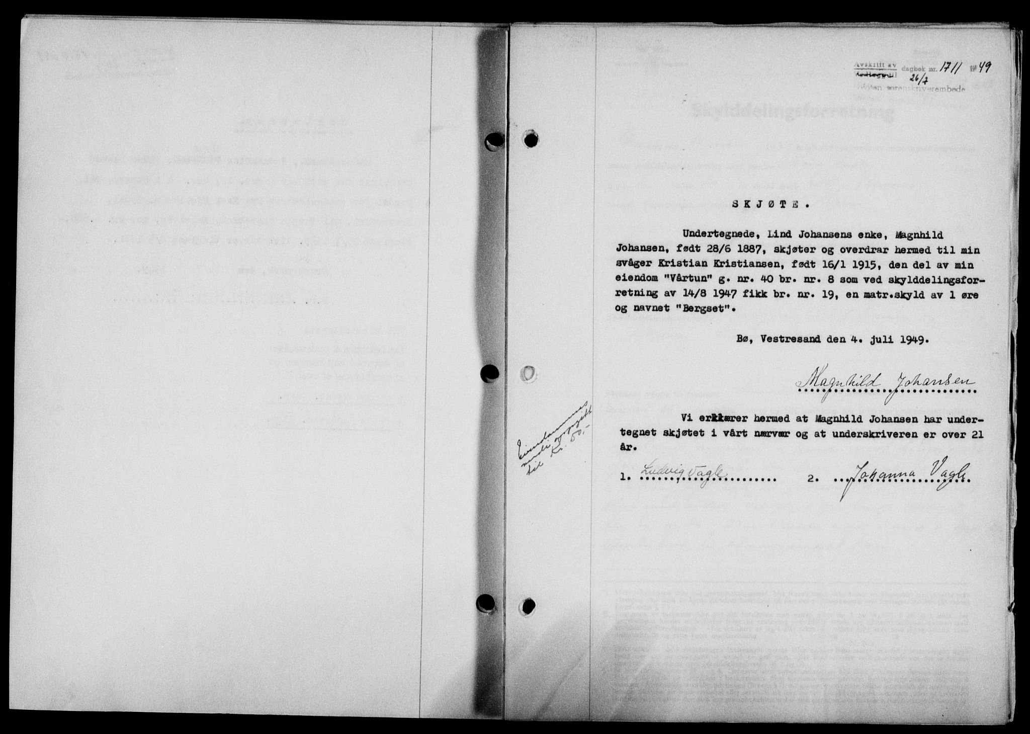 Lofoten sorenskriveri, SAT/A-0017/1/2/2C/L0021a: Mortgage book no. 21a, 1949-1949, Diary no: : 1711/1949