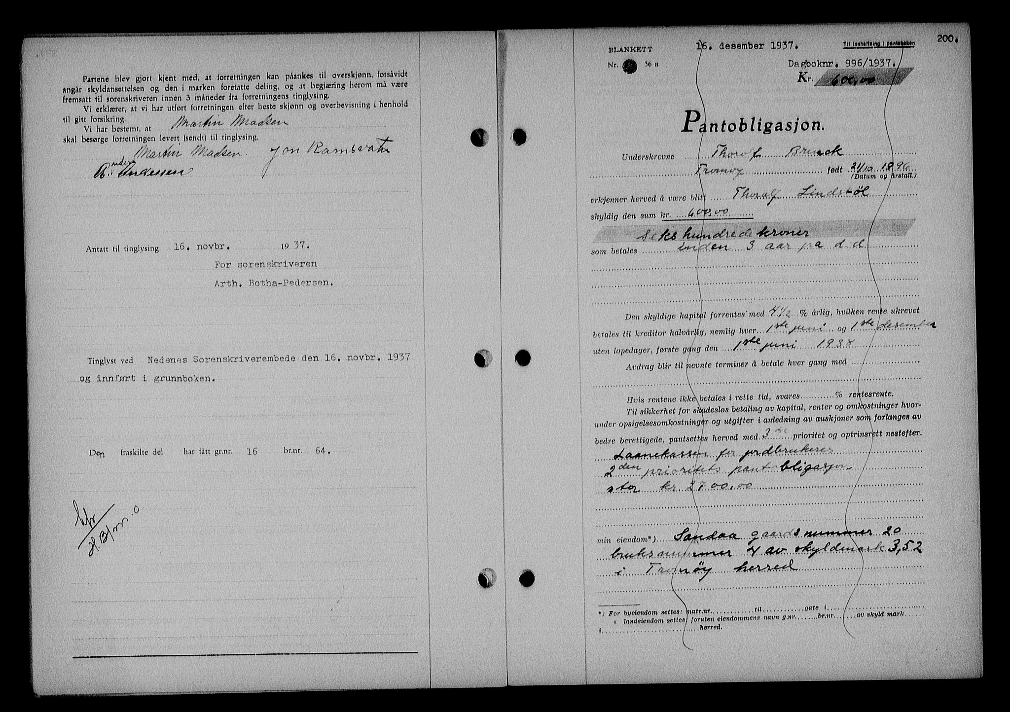 Nedenes sorenskriveri, SAK/1221-0006/G/Gb/Gba/L0044: Mortgage book no. 40, 1937-1938, Diary no: : 996/1937