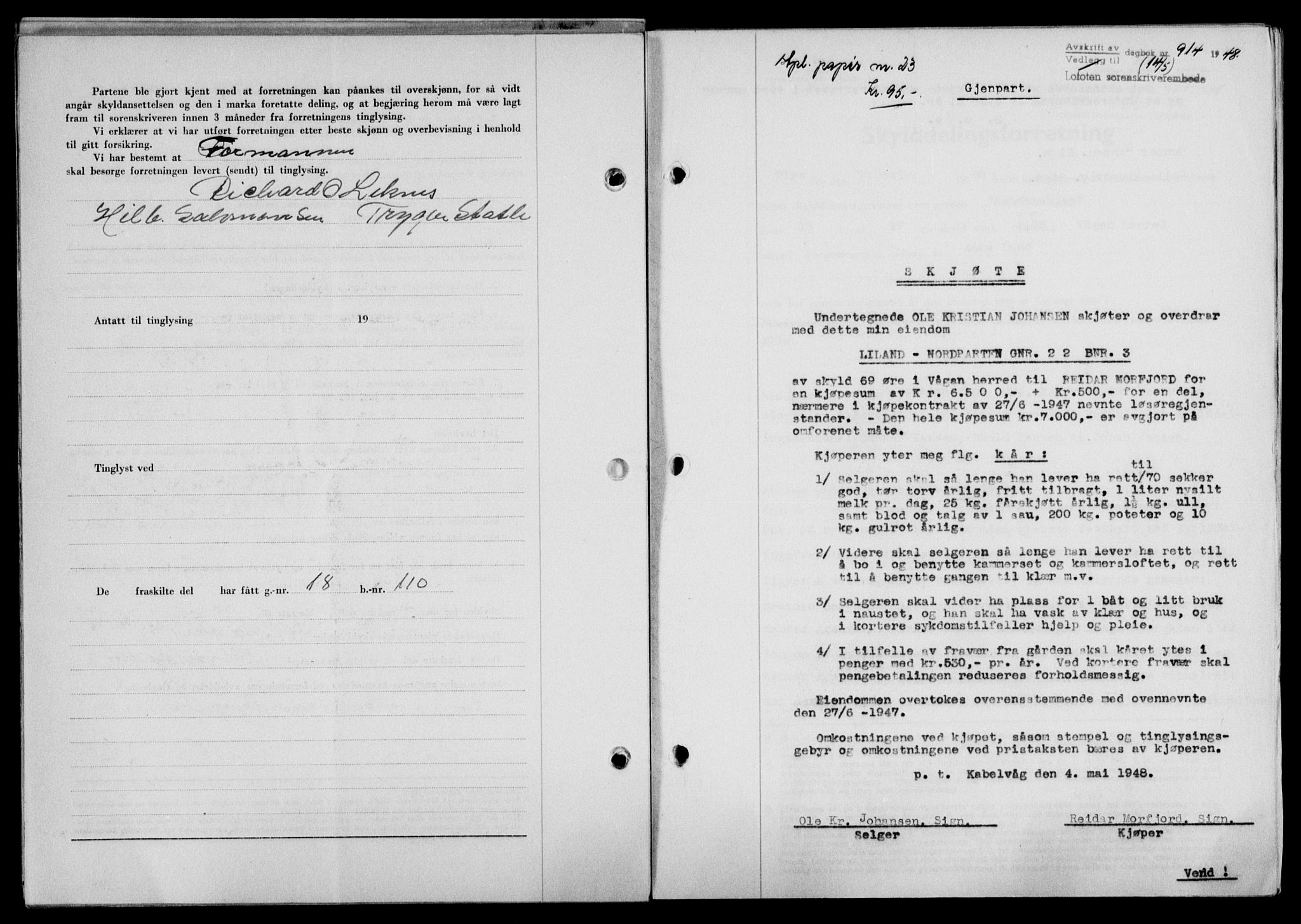 Lofoten sorenskriveri, SAT/A-0017/1/2/2C/L0018a: Mortgage book no. 18a, 1948-1948, Diary no: : 914/1948