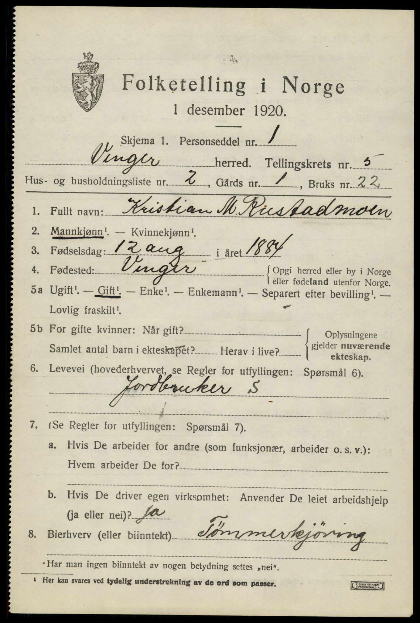 SAH, 1920 census for Vinger, 1920, p. 5682