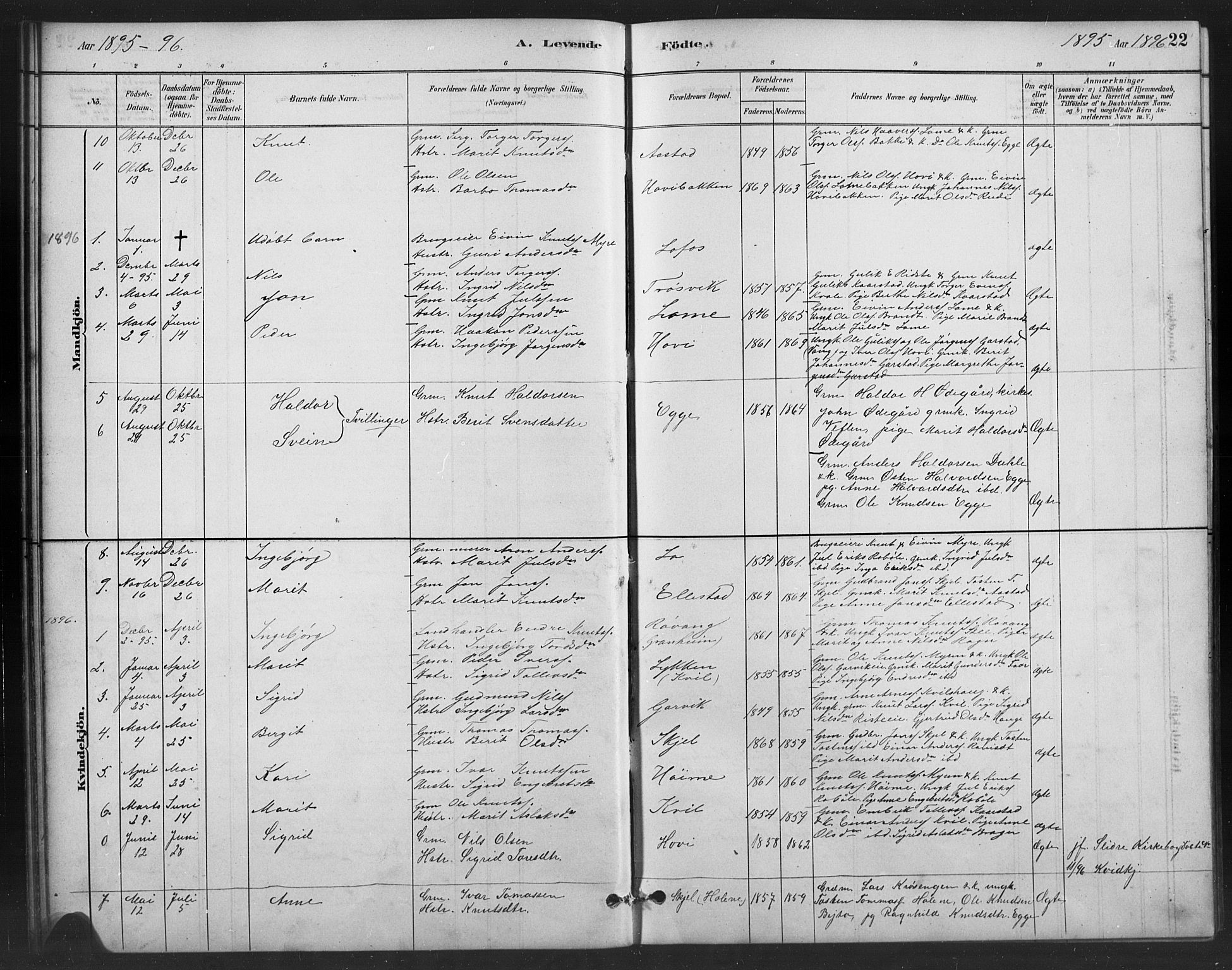 Vestre Slidre prestekontor, SAH/PREST-136/H/Ha/Hab/L0006: Parish register (copy) no. 6, 1881-1915, p. 22