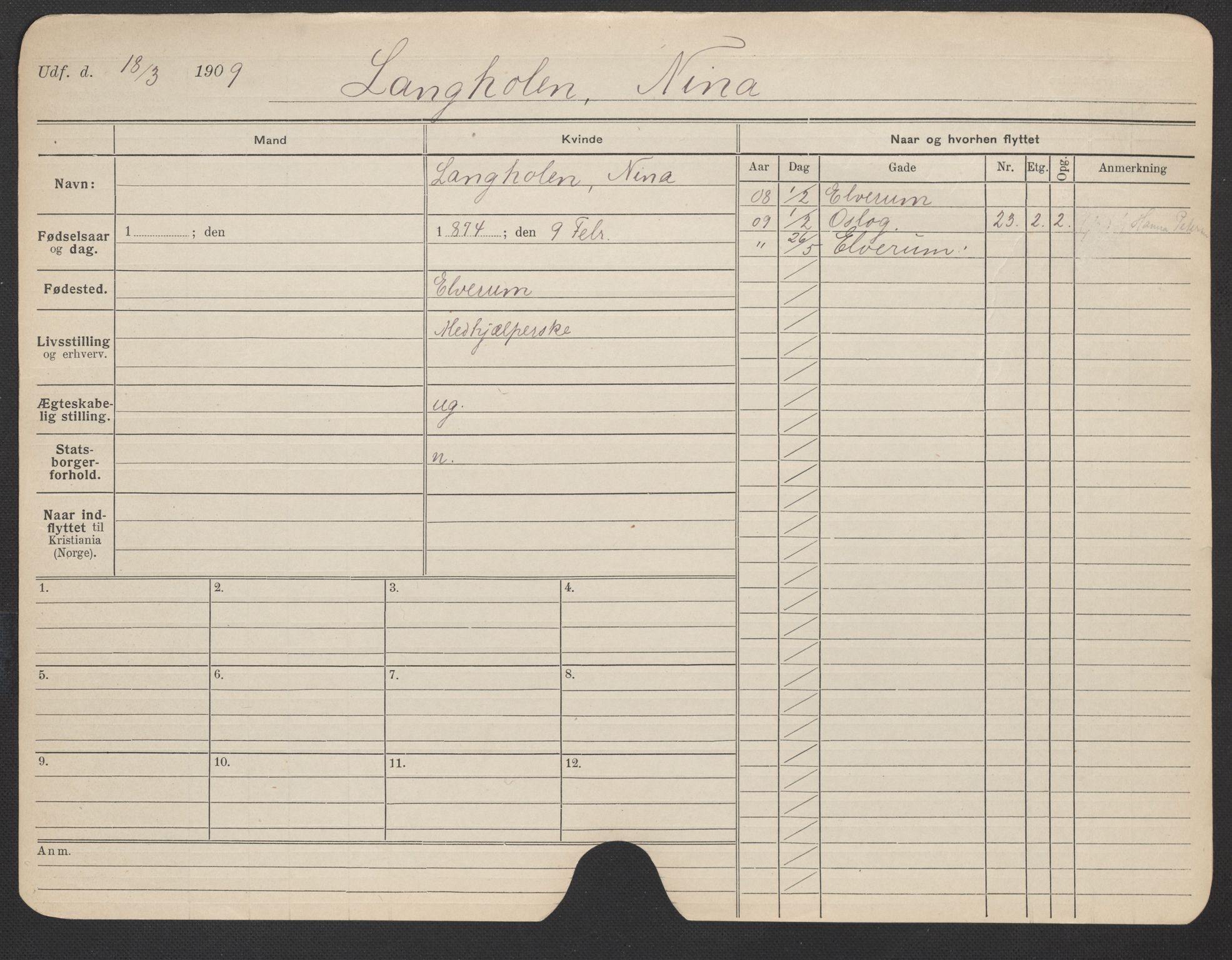 Oslo folkeregister, Registerkort, AV/SAO-A-11715/F/Fa/Fac/L0019: Kvinner, 1906-1914, p. 749a