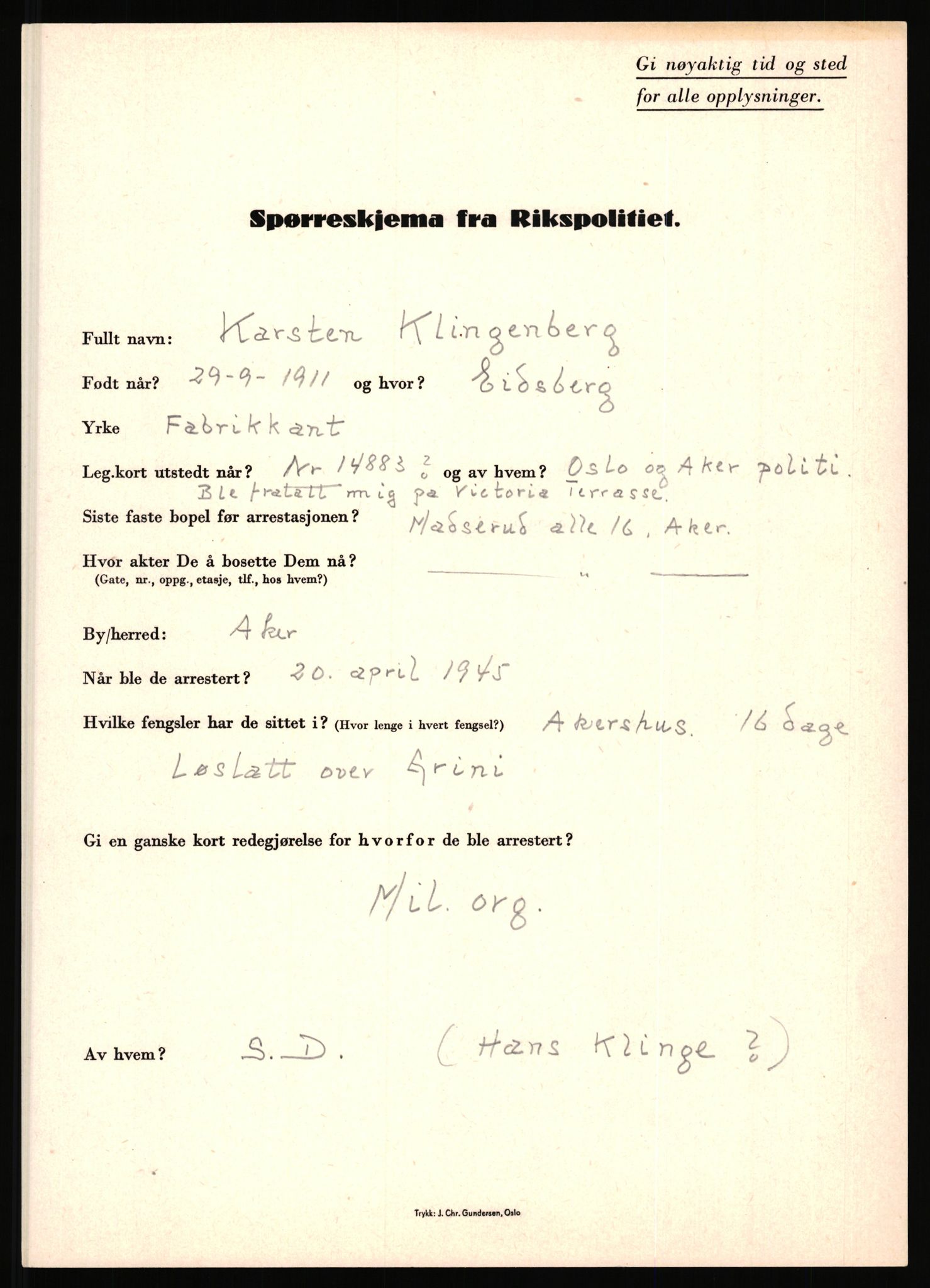 Rikspolitisjefen, AV/RA-S-1560/L/L0009: Karlsen, Aksel Emanuel - Kristiansen, Øivind Vetre, 1940-1945, p. 461