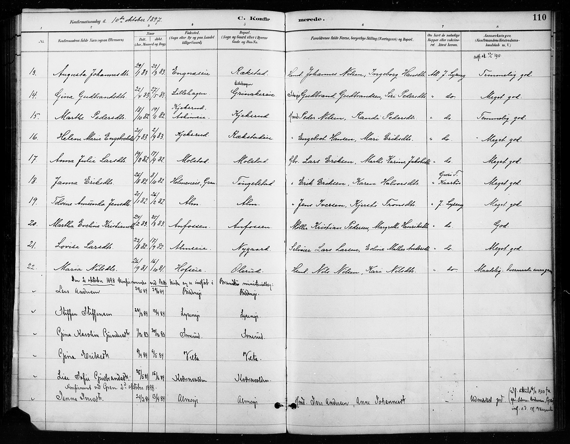 Gran prestekontor, SAH/PREST-112/H/Ha/Haa/L0018: Parish register (official) no. 18, 1889-1899, p. 110