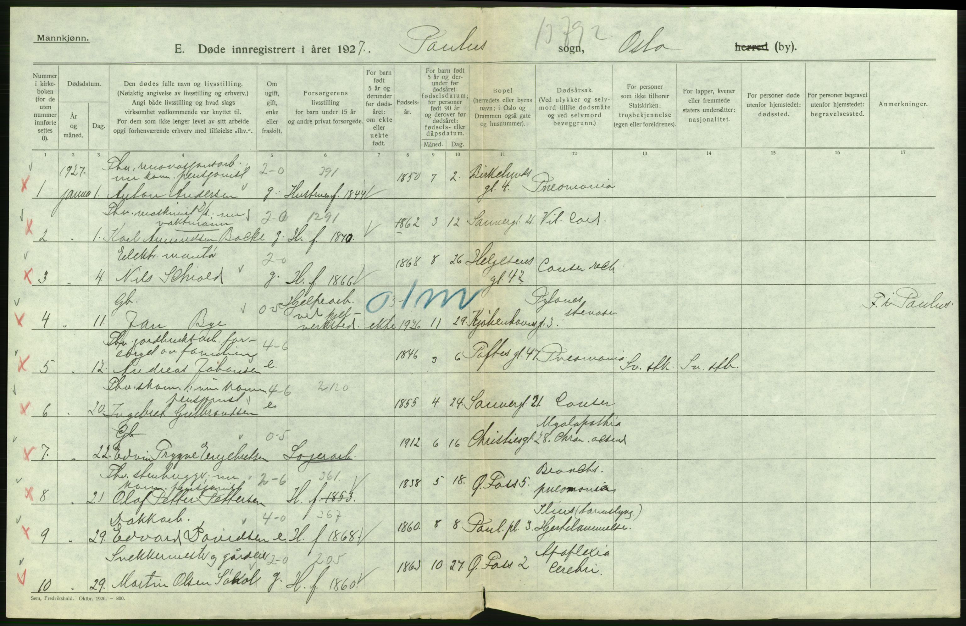 Statistisk sentralbyrå, Sosiodemografiske emner, Befolkning, AV/RA-S-2228/D/Df/Dfc/Dfcg/L0009: Oslo: Døde menn, 1927, p. 346