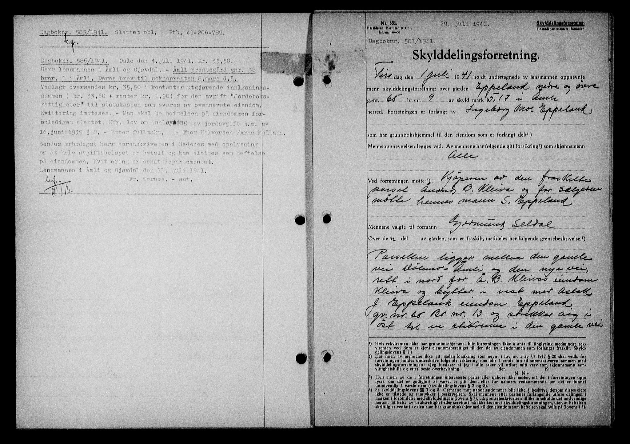 Nedenes sorenskriveri, SAK/1221-0006/G/Gb/Gba/L0048: Mortgage book no. A-II, 1940-1941, Diary no: : 587/1941