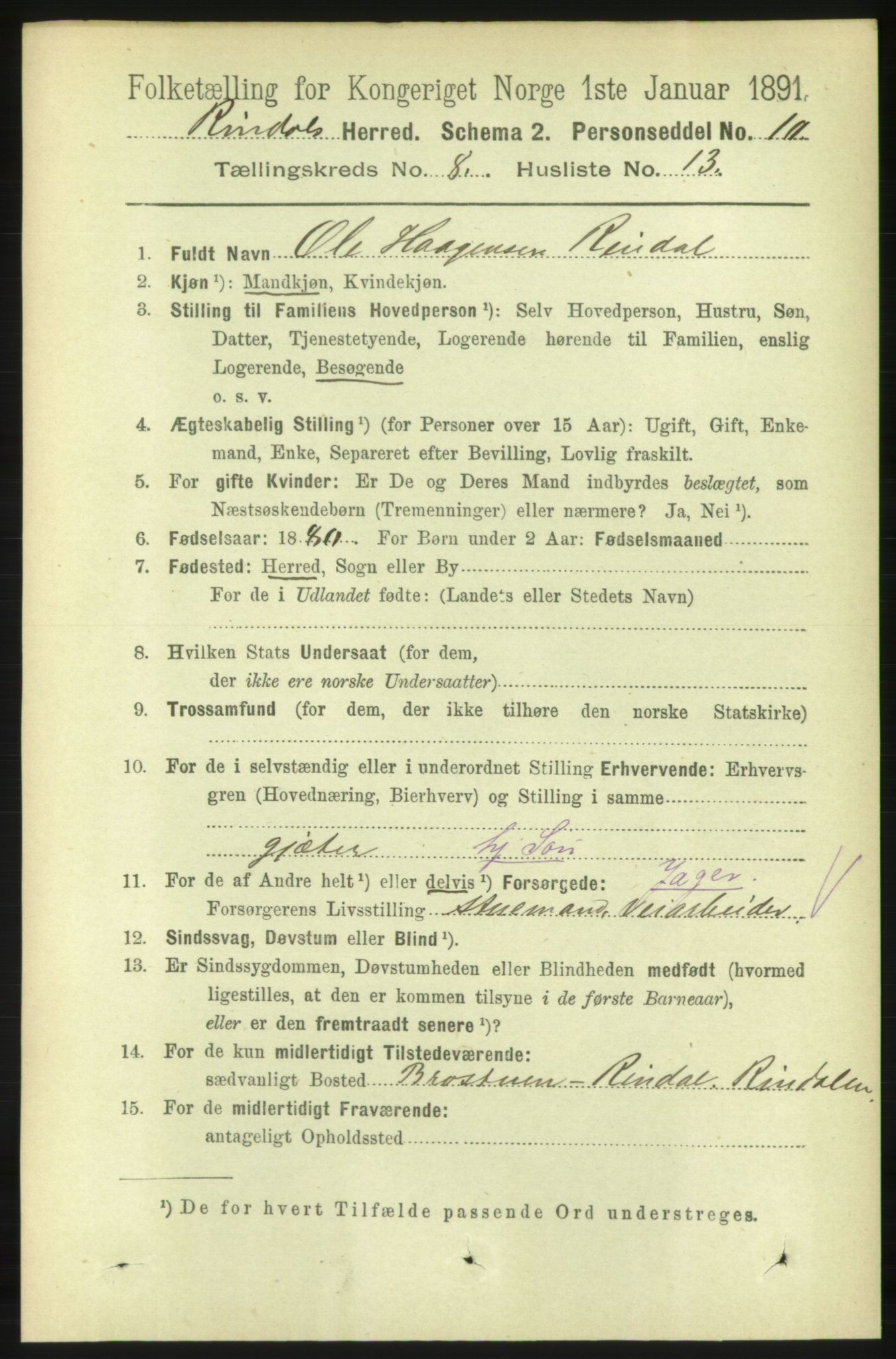 RA, 1891 census for 1567 Rindal, 1891, p. 2569