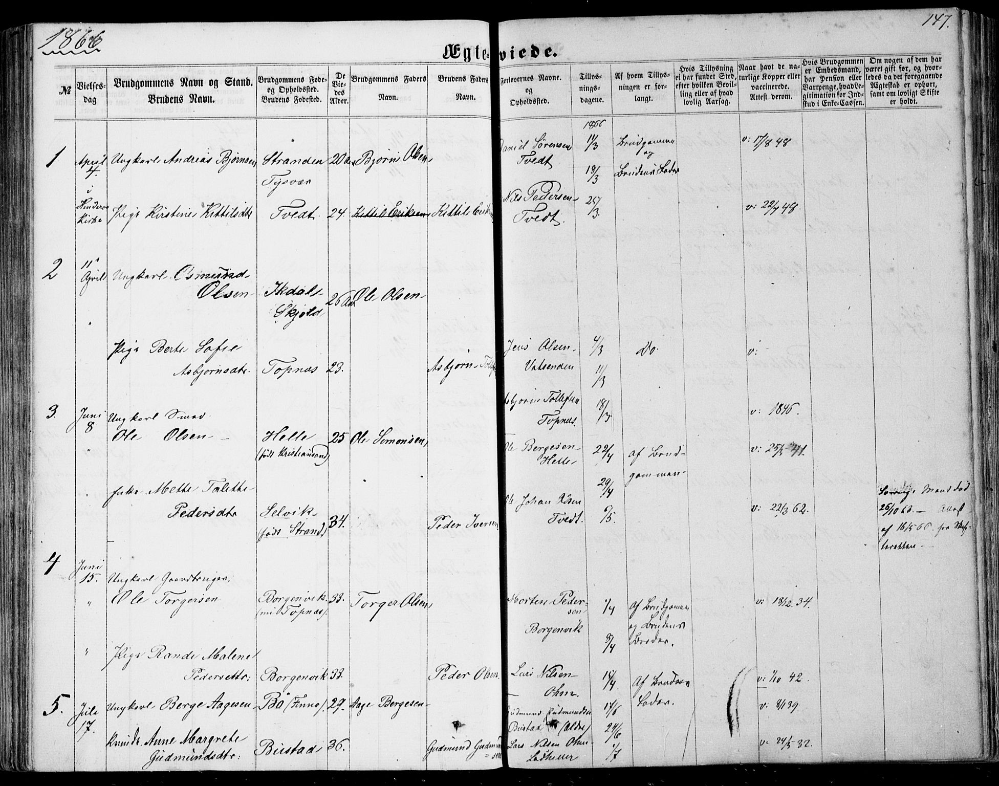 Nedstrand sokneprestkontor, AV/SAST-A-101841/01/IV: Parish register (official) no. A 9, 1861-1876, p. 147