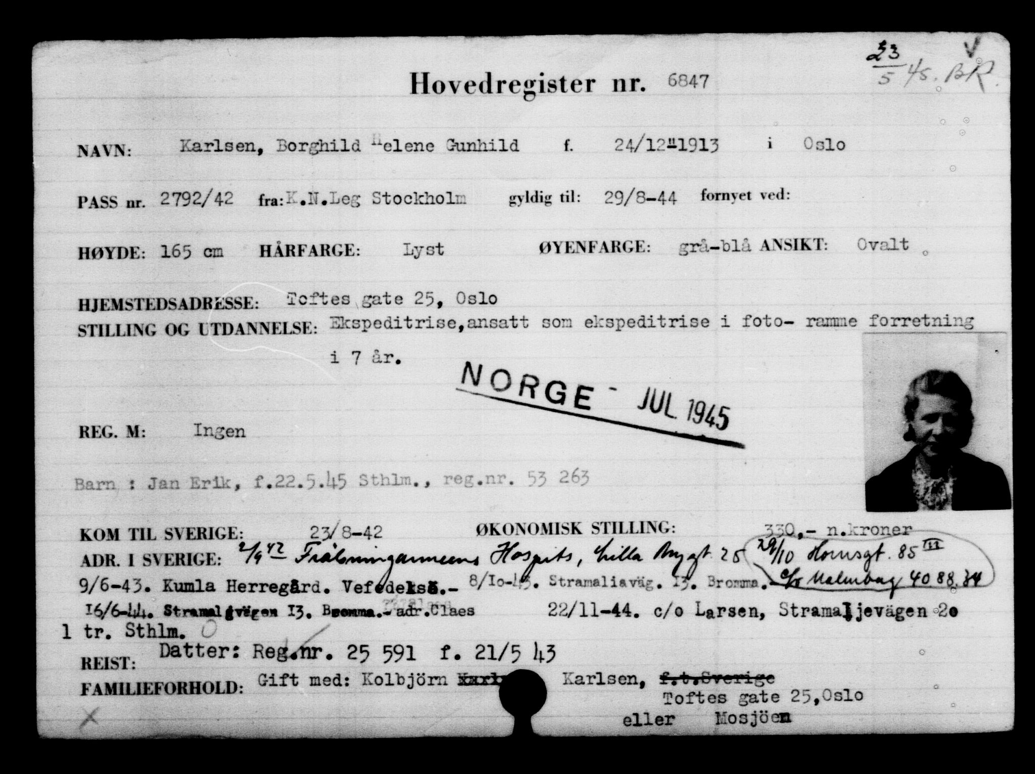 Utenriksstasjonene, Legasjonen i Stockholm, Flyktningkontoret, AV/RA-S-6753/V/Va/L0005: Kjesäterkartoteket, flyktninger med registreringsnr. 6600-9417, 1940-1945, p. 297