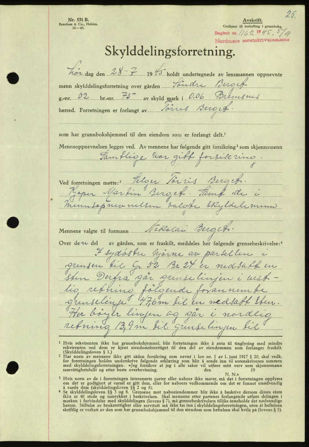 Nordmøre sorenskriveri, AV/SAT-A-4132/1/2/2Ca: Mortgage book no. A100a, 1945-1945, Diary no: : 1162/1945