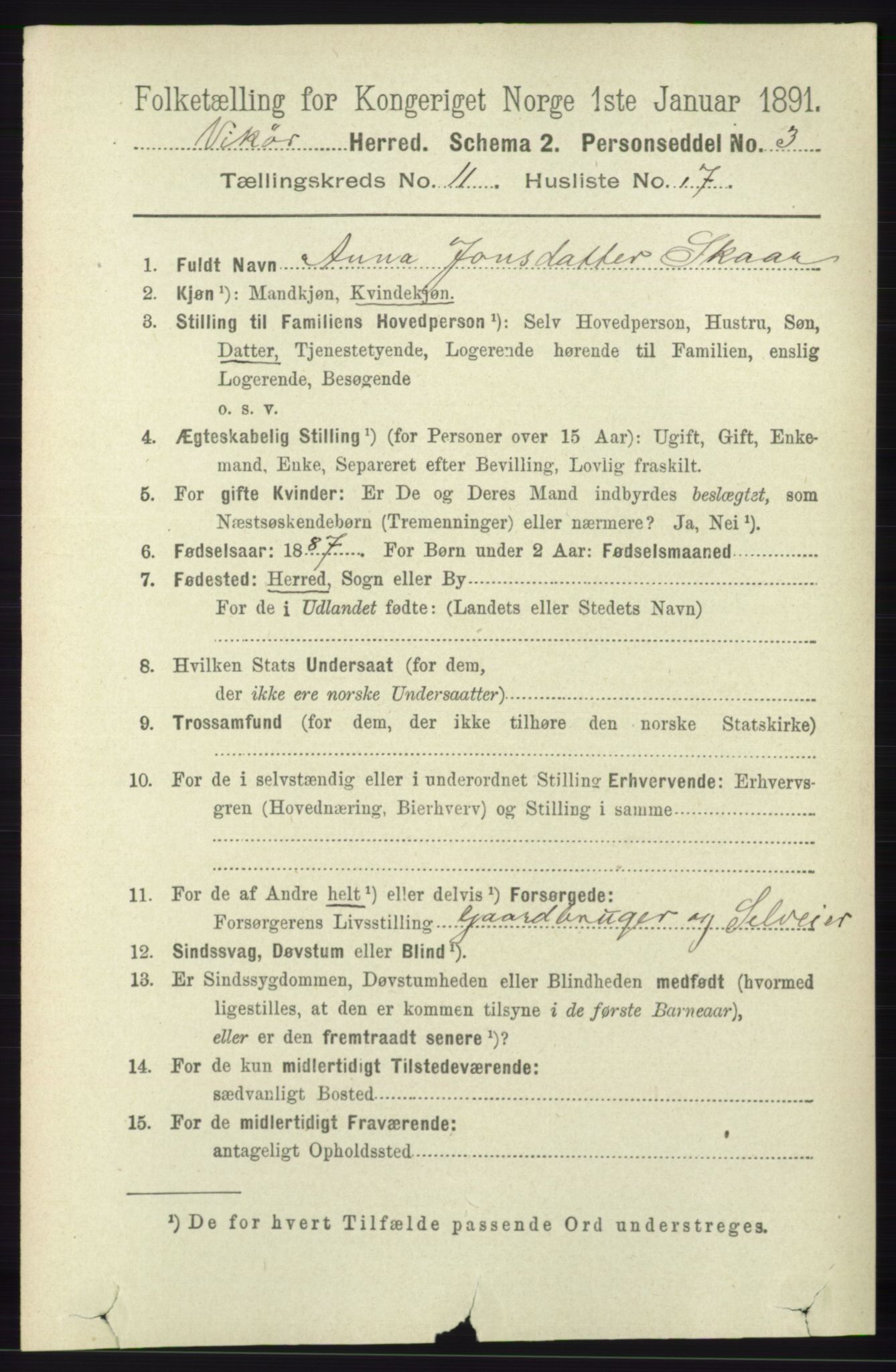 RA, 1891 census for 1238 Vikør, 1891, p. 3252