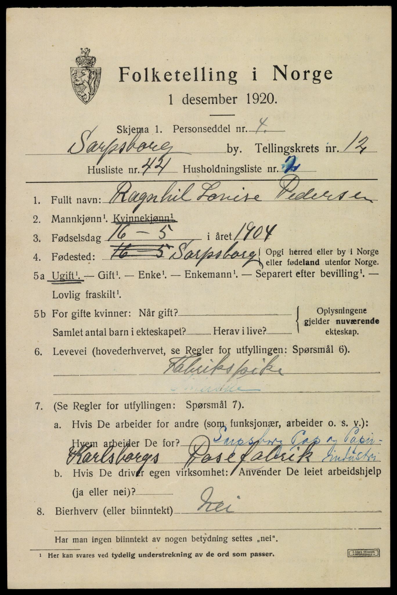 SAO, 1920 census for Sarpsborg, 1920, p. 26050