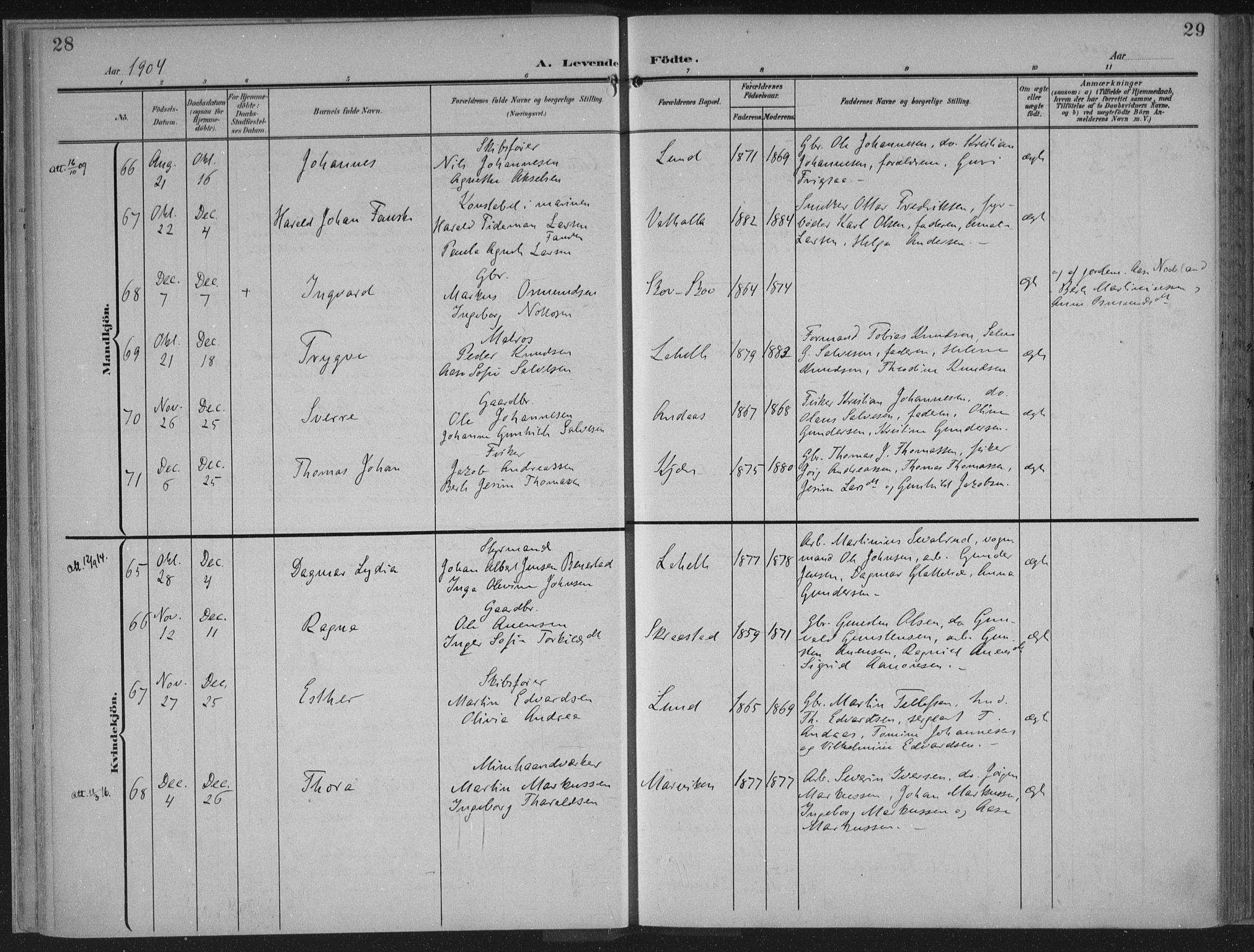 Oddernes sokneprestkontor, AV/SAK-1111-0033/F/Fa/Faa/L0011: Parish register (official) no. A 11, 1904-1911, p. 28-29