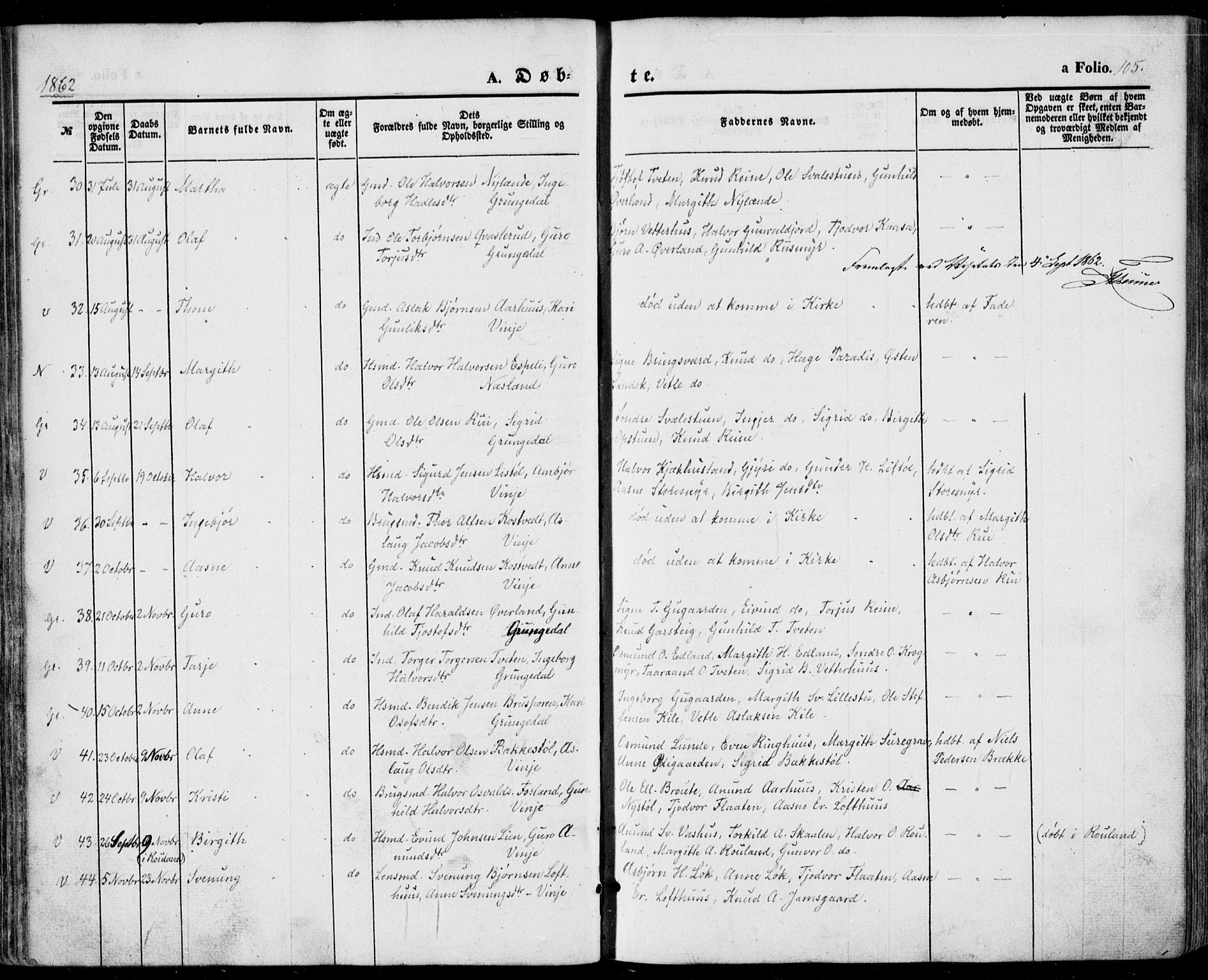 Vinje kirkebøker, SAKO/A-312/F/Fa/L0004: Parish register (official) no. I 4, 1843-1869, p. 105