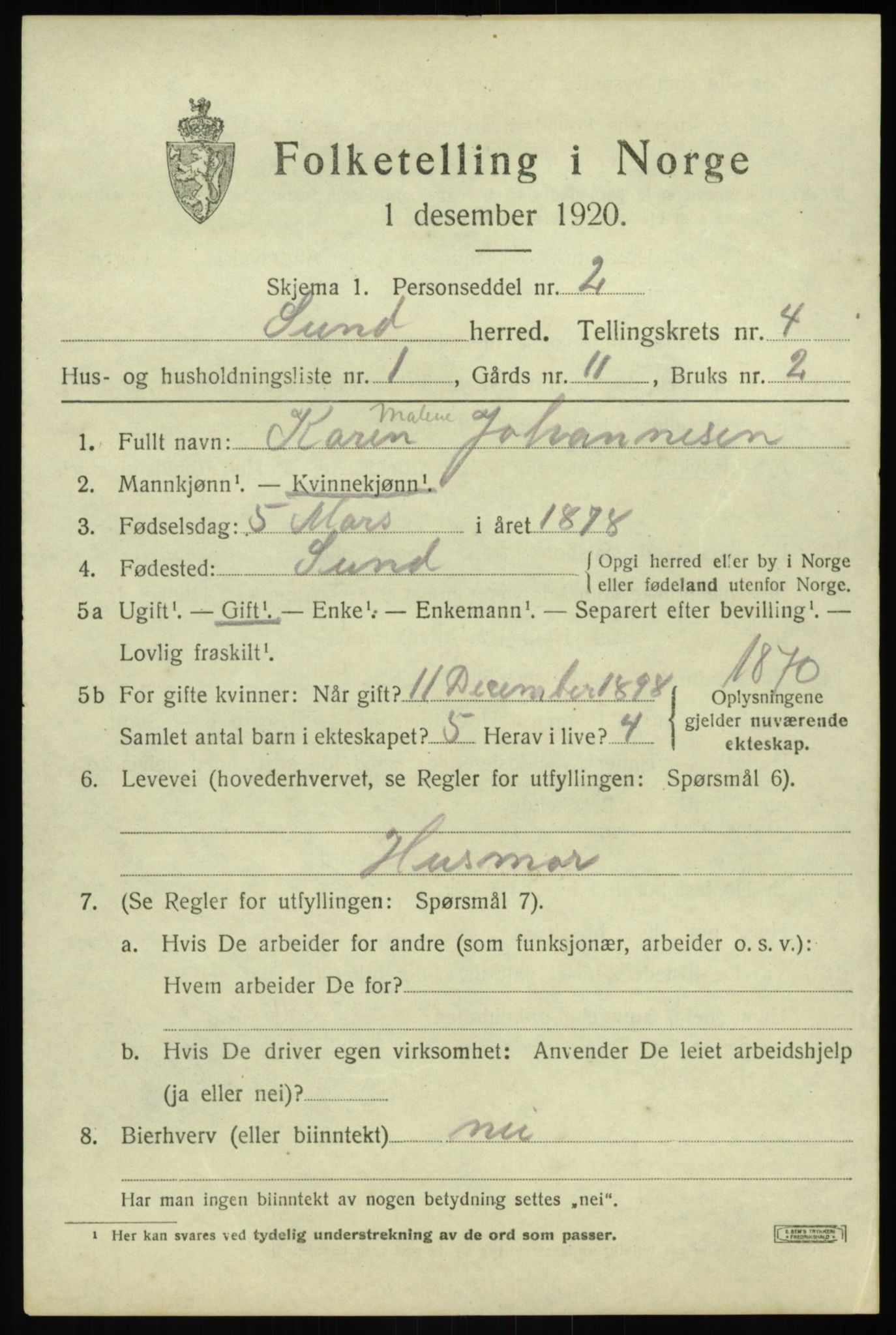 SAB, 1920 census for Sund, 1920, p. 2491