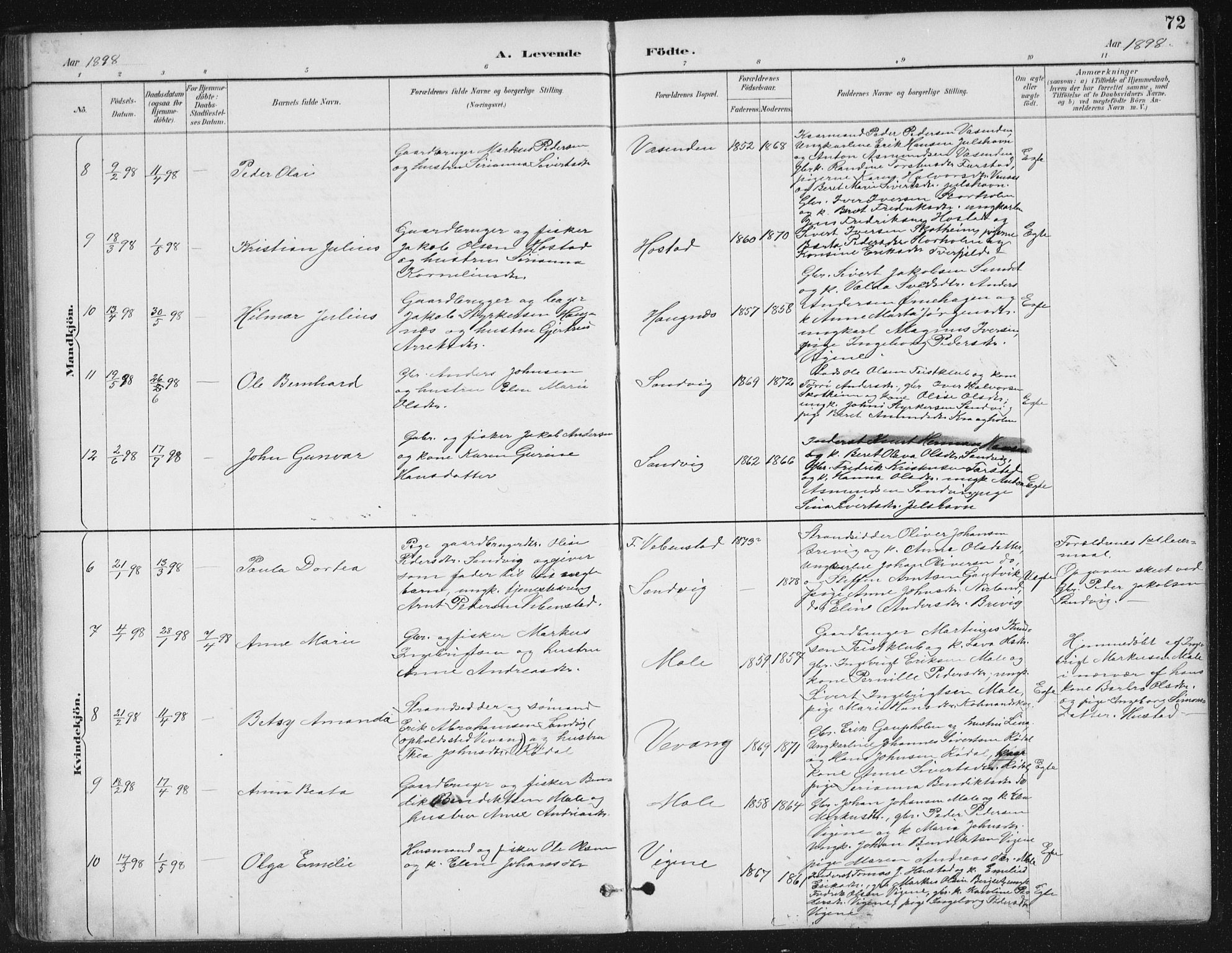 Ministerialprotokoller, klokkerbøker og fødselsregistre - Møre og Romsdal, AV/SAT-A-1454/567/L0783: Parish register (copy) no. 567C03, 1887-1903, p. 72