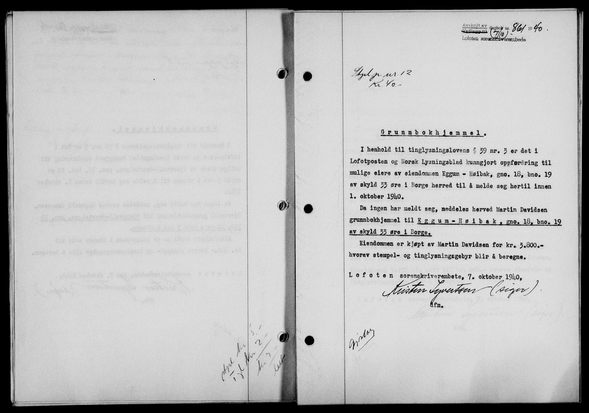 Lofoten sorenskriveri, SAT/A-0017/1/2/2C/L0007a: Mortgage book no. 7a, 1939-1940, Diary no: : 861/1940