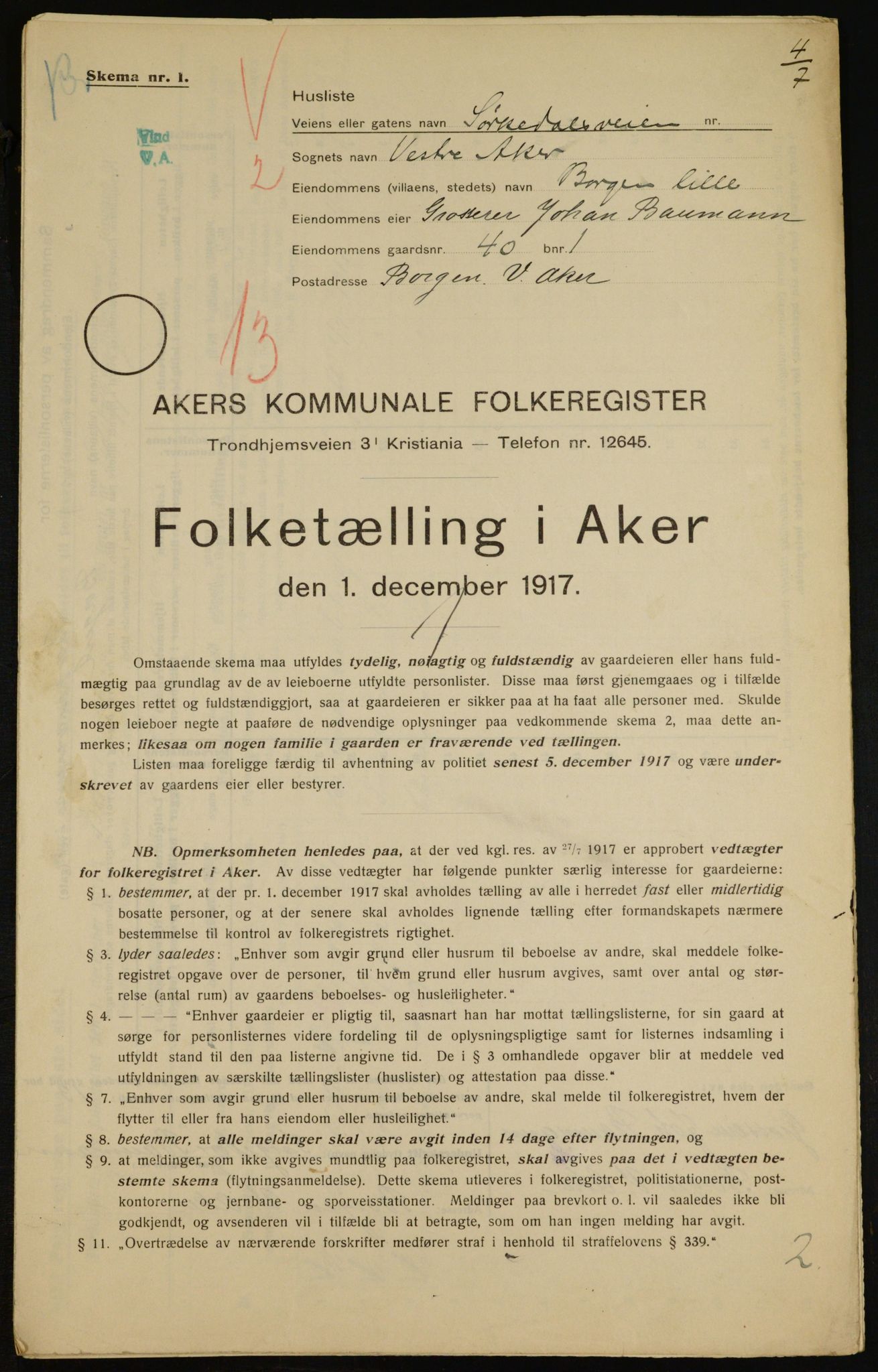 OBA, Municipal Census 1917 for Aker, 1917, p. 8827