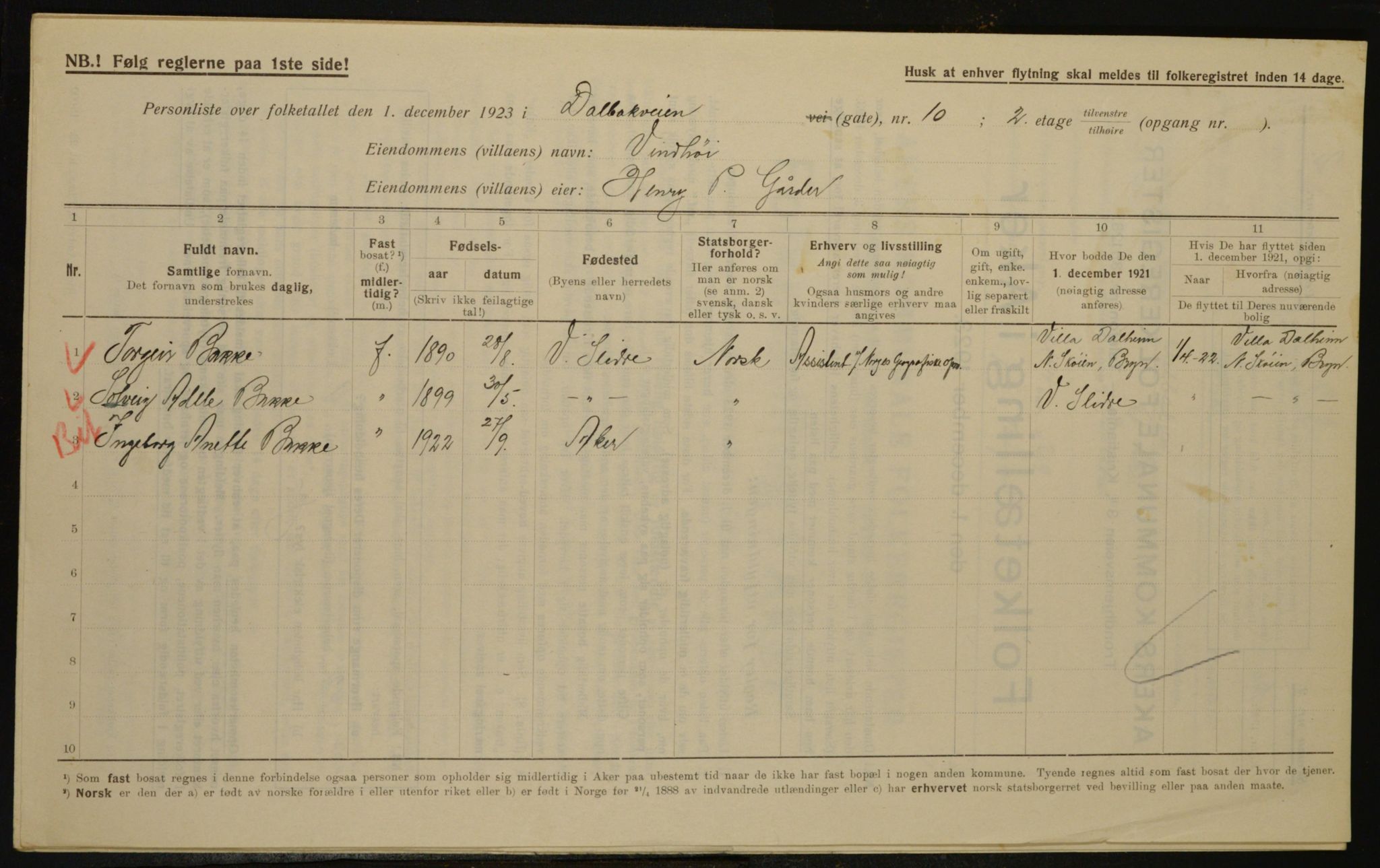 , Municipal Census 1923 for Aker, 1923, p. 23260