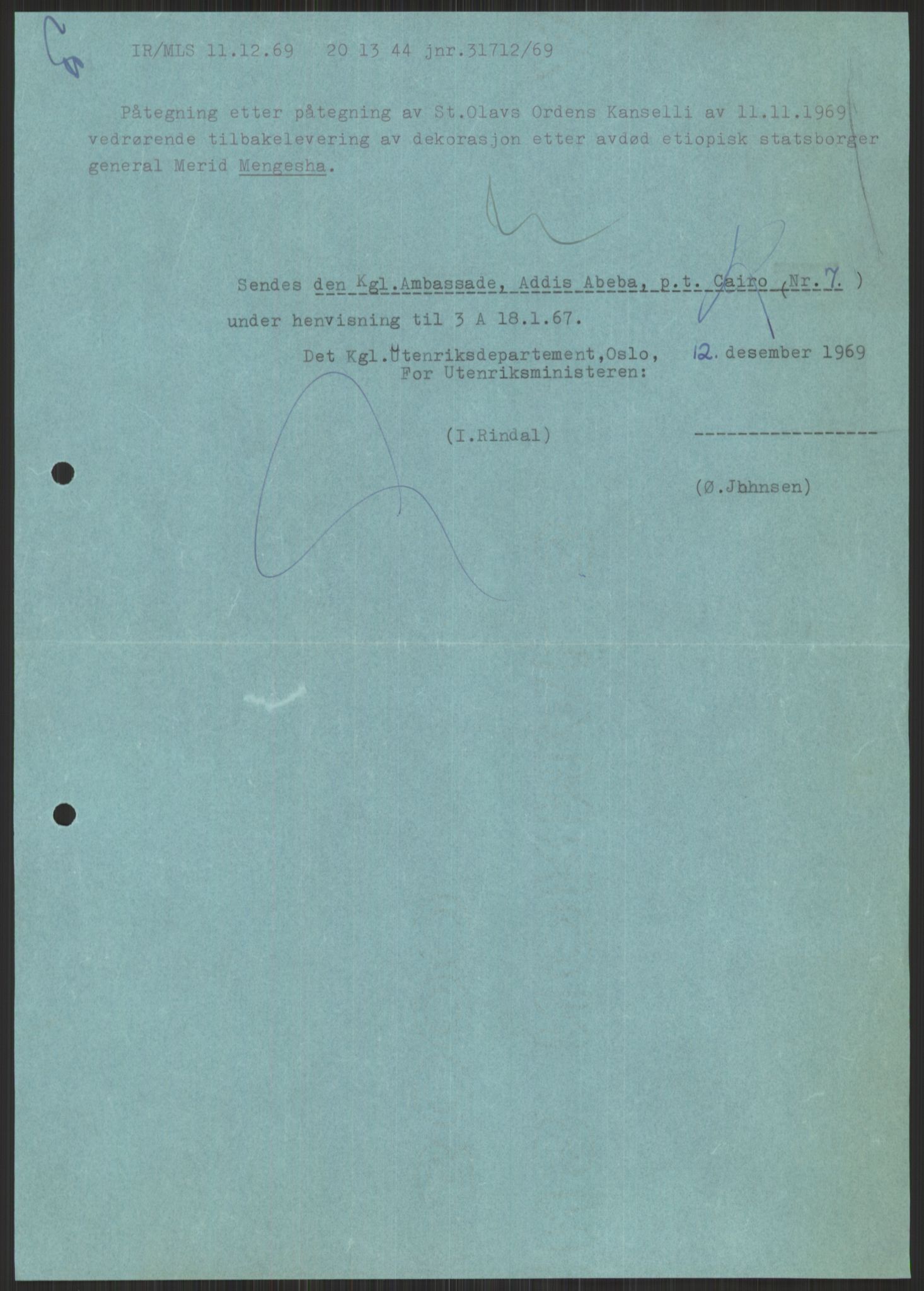 Utenriksdepartementet, hovedarkiv, AV/RA-S-6794/D/Da/Daa/L0537: Ordensvesen. Fremmede lands ordener, medaljer og hederstegn. Hjemsendelse av norske ordener etter utlendinger, 1954-1969, p. 571