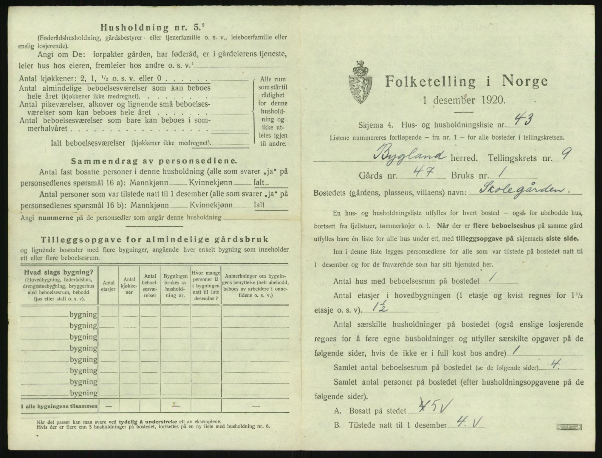 SAK, 1920 census for Bygland, 1920, p. 553