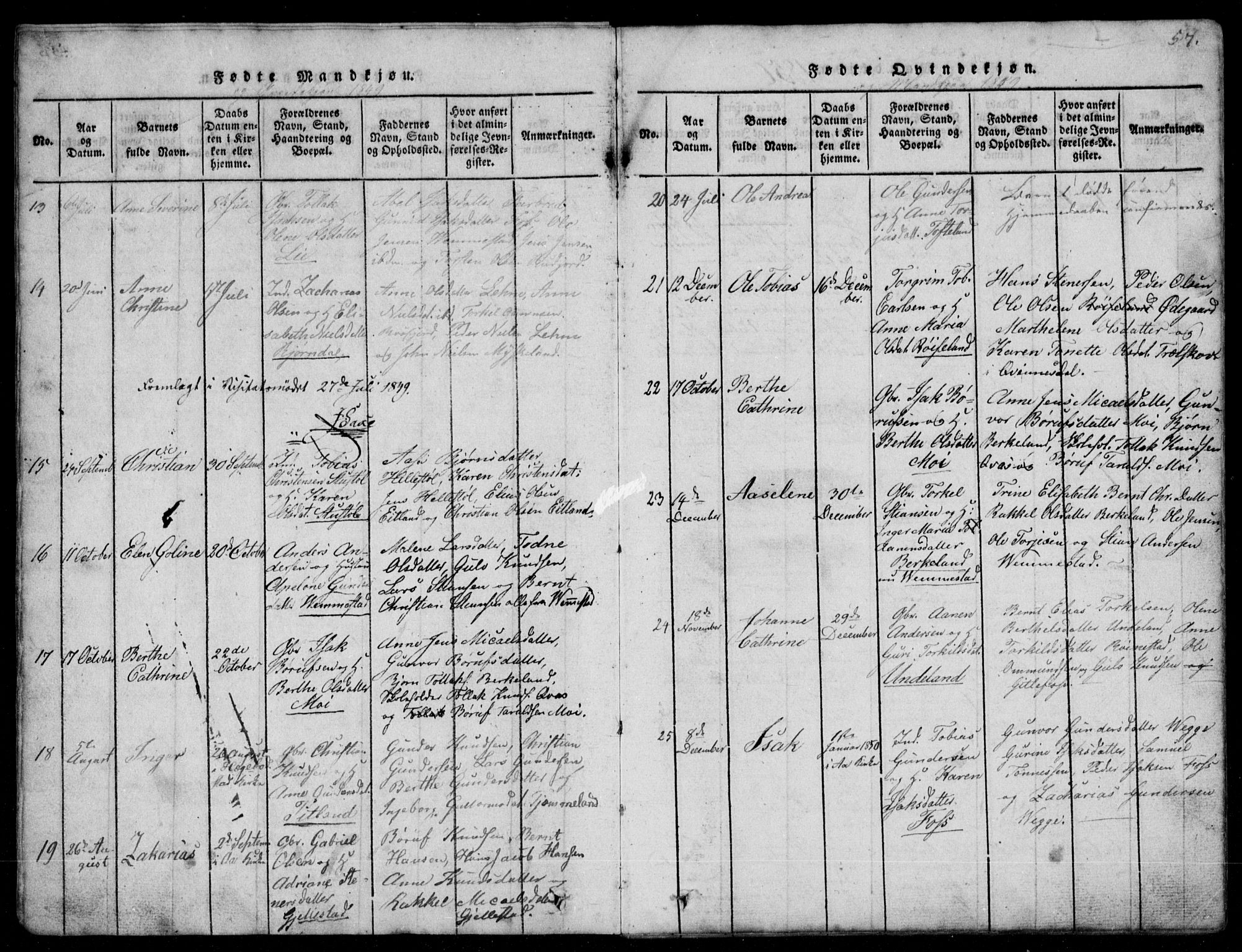 Lyngdal sokneprestkontor, SAK/1111-0029/F/Fb/Fbb/L0001: Parish register (copy) no. B 1, 1816-1900, p. 57
