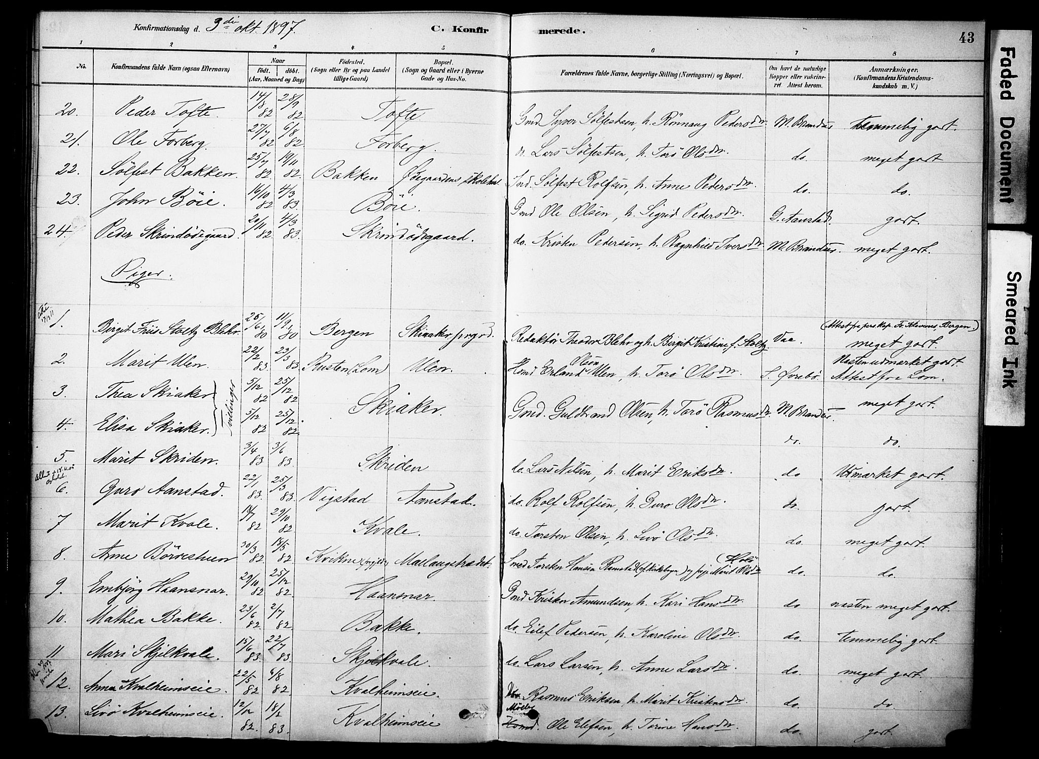 Skjåk prestekontor, AV/SAH-PREST-072/H/Ha/Haa/L0002: Parish register (official) no. 2, 1878-1907, p. 43