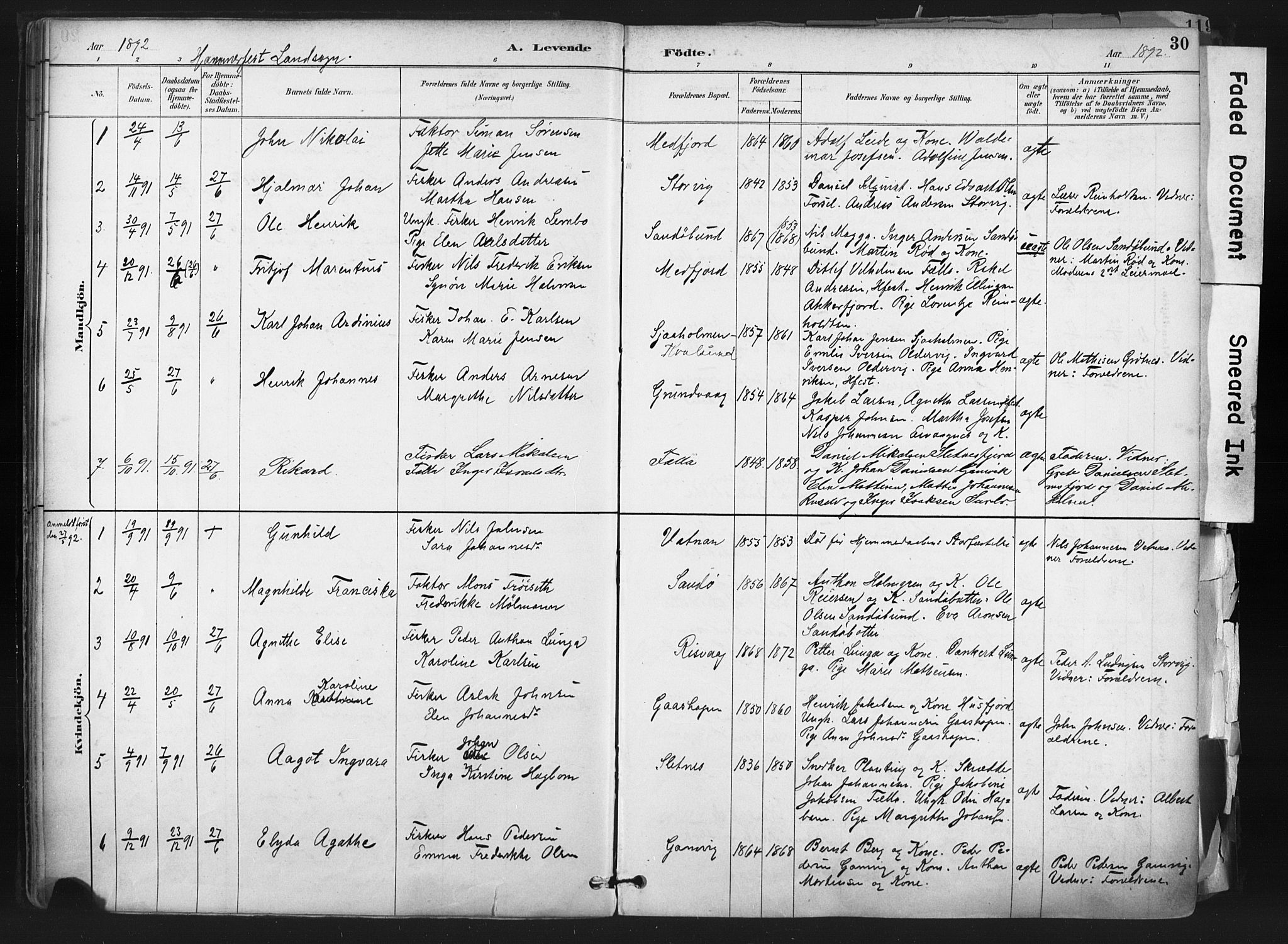 Hammerfest sokneprestkontor, SATØ/S-1347: Parish register (official) no. 11 /1, 1885-1897, p. 30