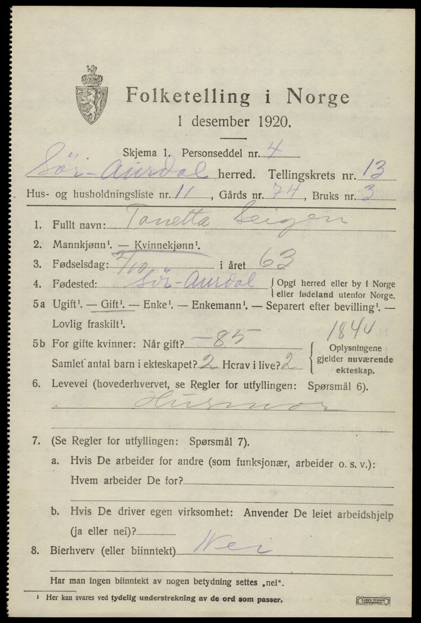 SAH, 1920 census for Sør-Aurdal, 1920, p. 7809