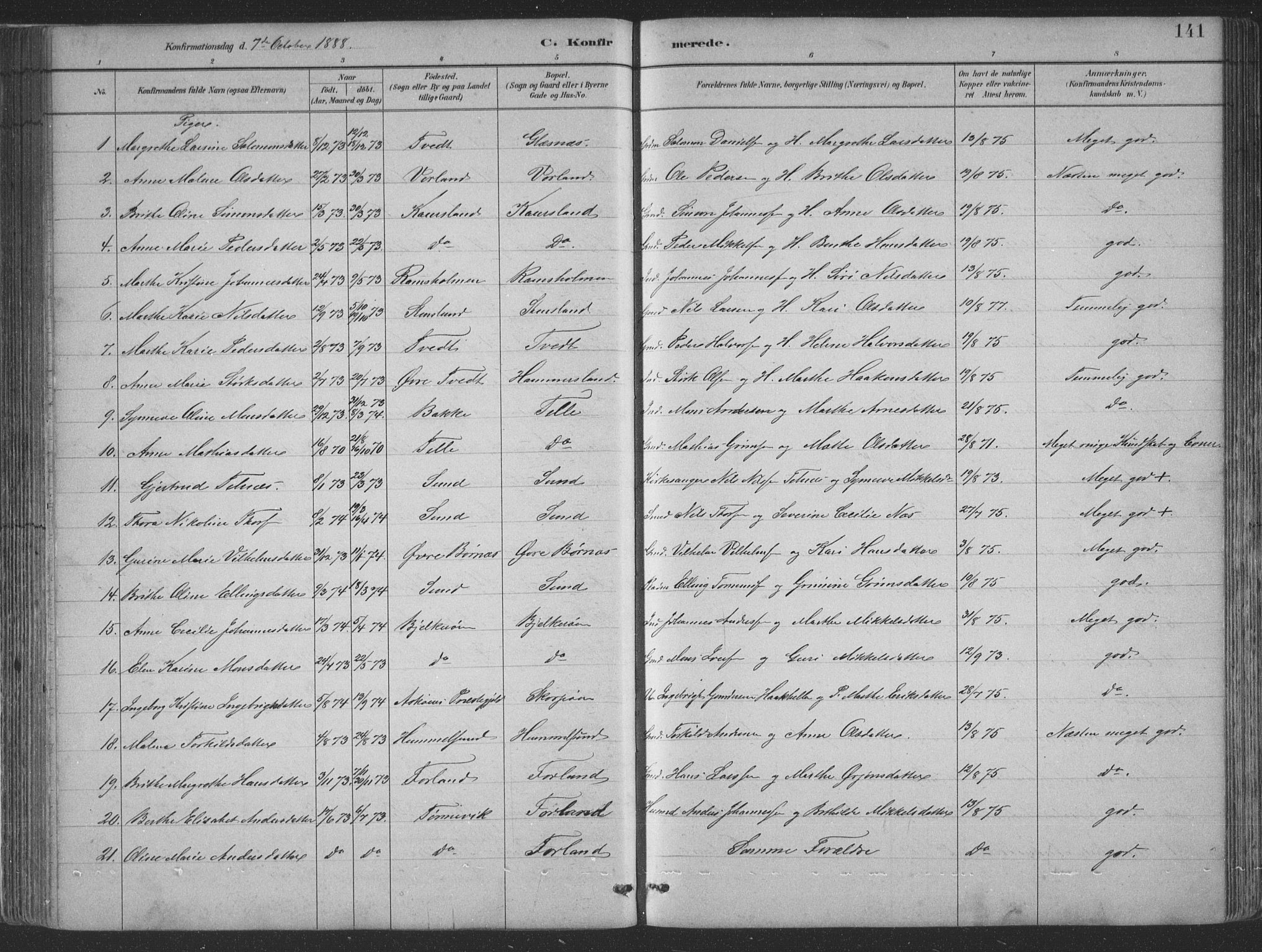 Sund sokneprestembete, AV/SAB-A-99930: Parish register (copy) no. B 3, 1882-1911, p. 141