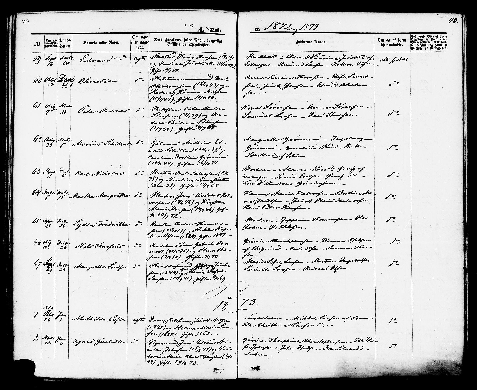 Brevik kirkebøker, AV/SAKO-A-255/F/Fa/L0006: Parish register (official) no. 6, 1866-1881, p. 43