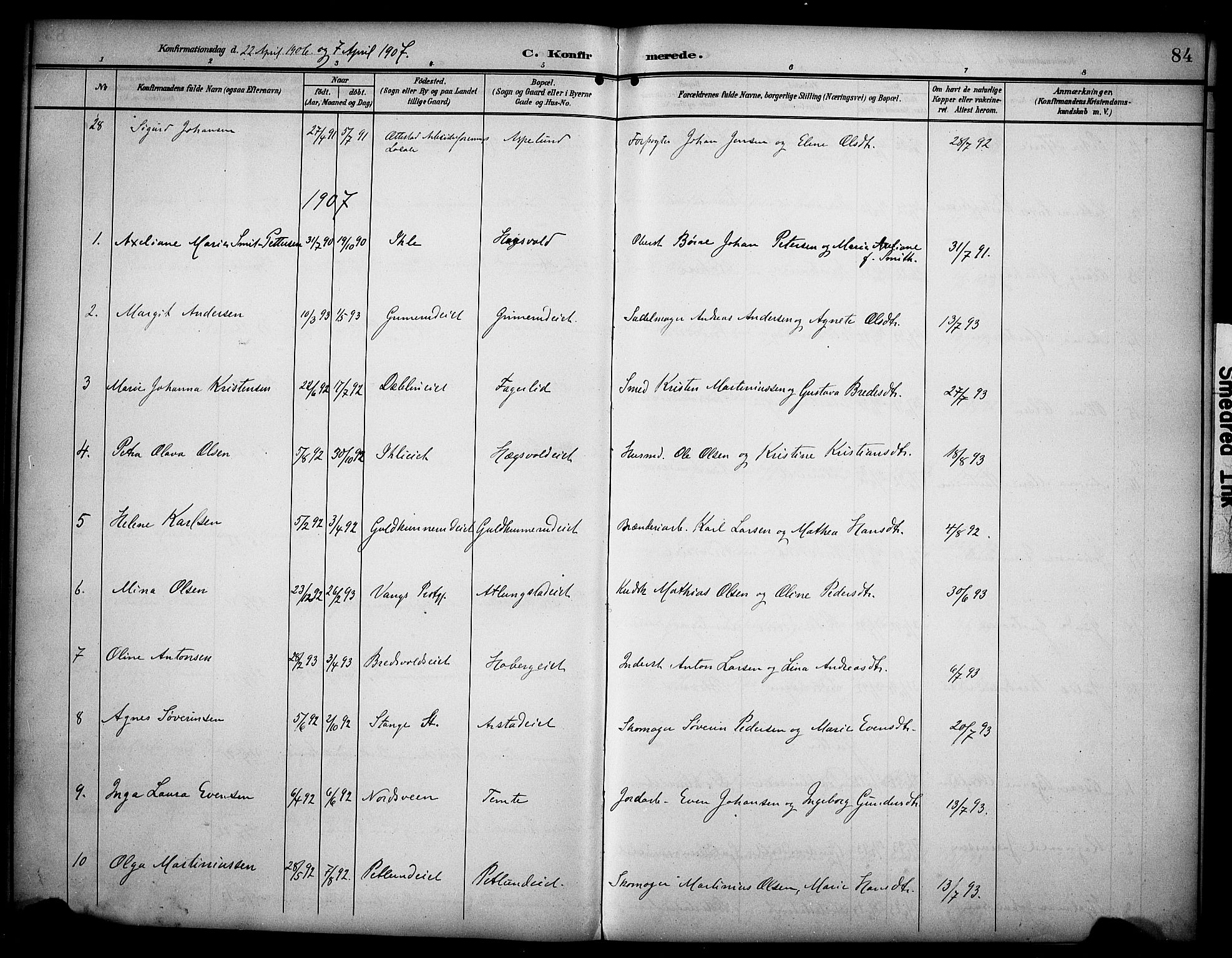 Stange prestekontor, SAH/PREST-002/K/L0022: Parish register (official) no. 22, 1903-1914, p. 84