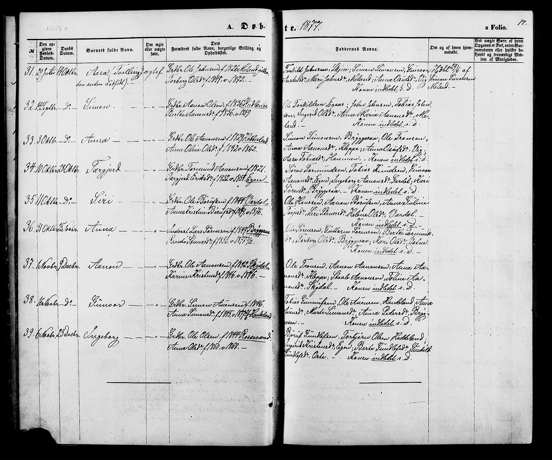 Hægebostad sokneprestkontor, SAK/1111-0024/F/Fa/Fab/L0003: Parish register (official) no. A 3, 1872-1886, p. 17