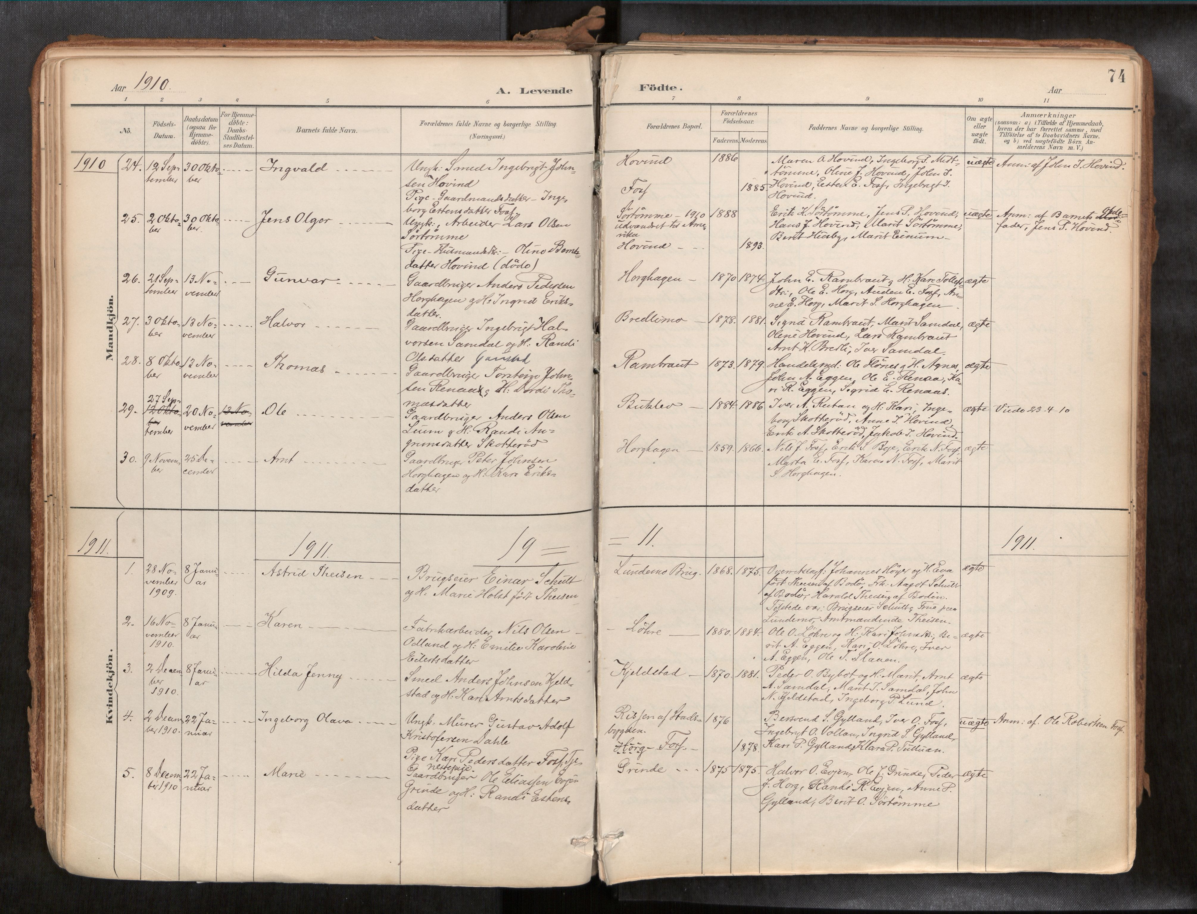 Ministerialprotokoller, klokkerbøker og fødselsregistre - Sør-Trøndelag, SAT/A-1456/692/L1105b: Parish register (official) no. 692A06, 1891-1934, p. 74