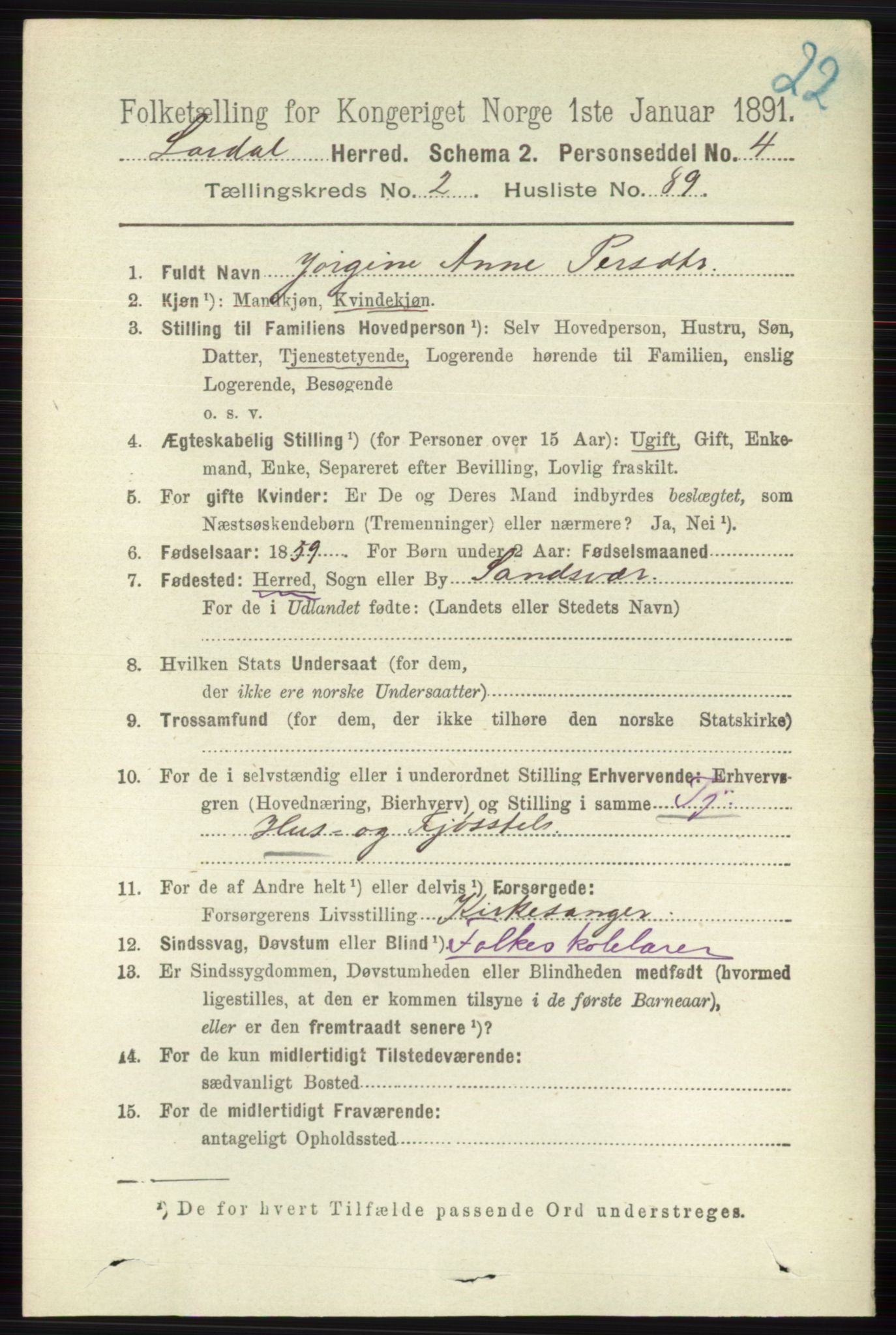 RA, 1891 census for 0728 Lardal, 1891, p. 1226