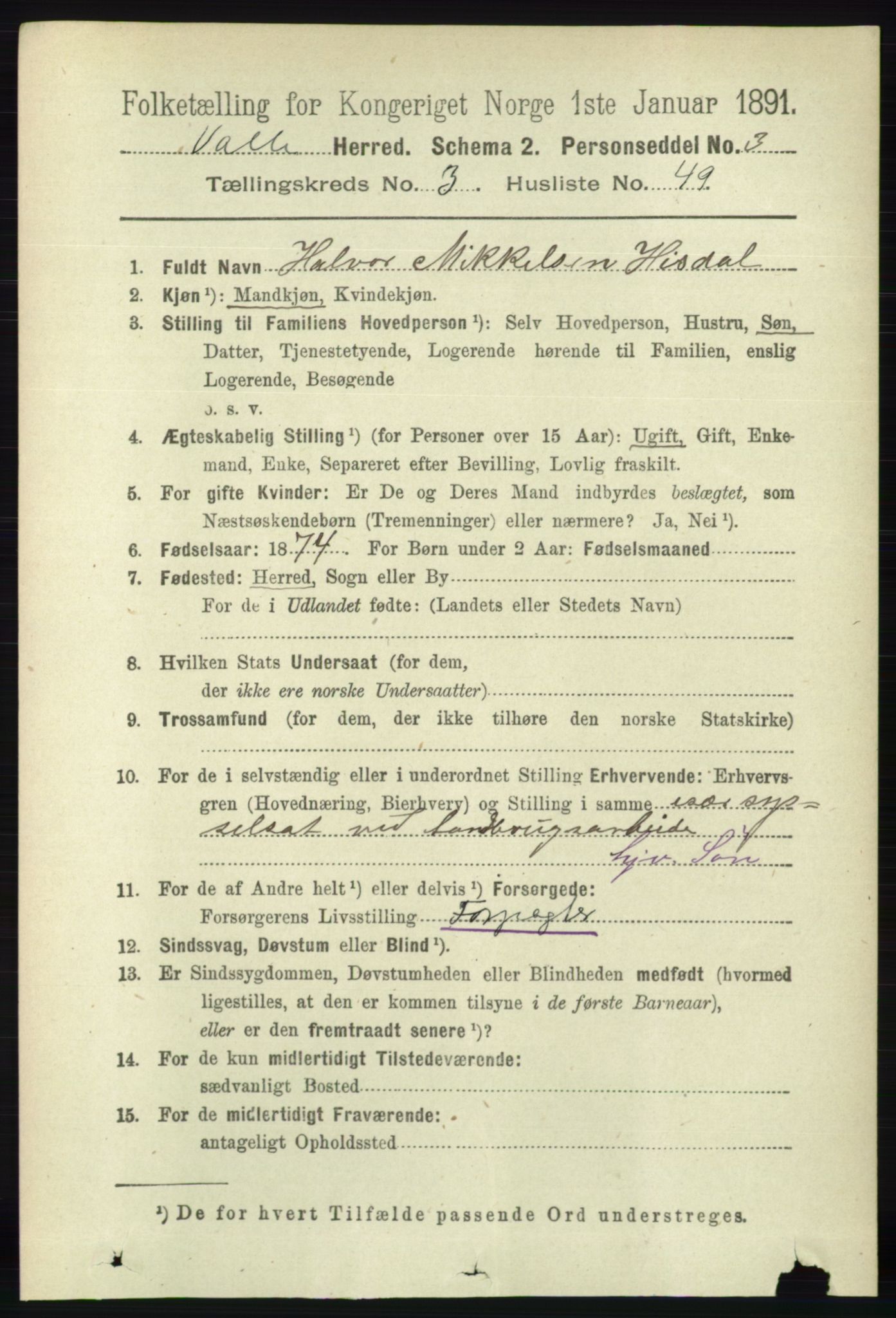 RA, 1891 census for 0940 Valle, 1891, p. 945