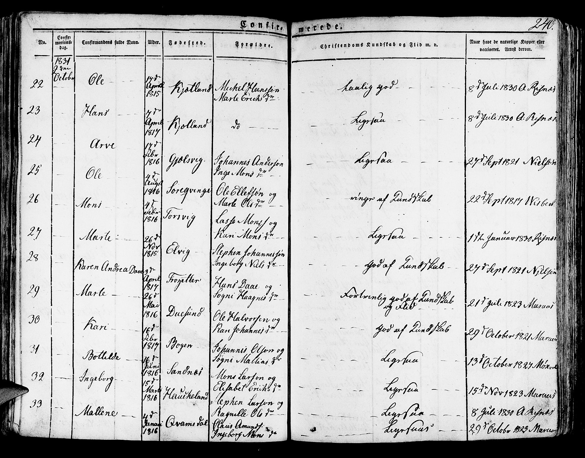 Lindås Sokneprestembete, AV/SAB-A-76701/H/Haa/Haaa/L0008: Parish register (official) no. A 8, 1823-1836, p. 240