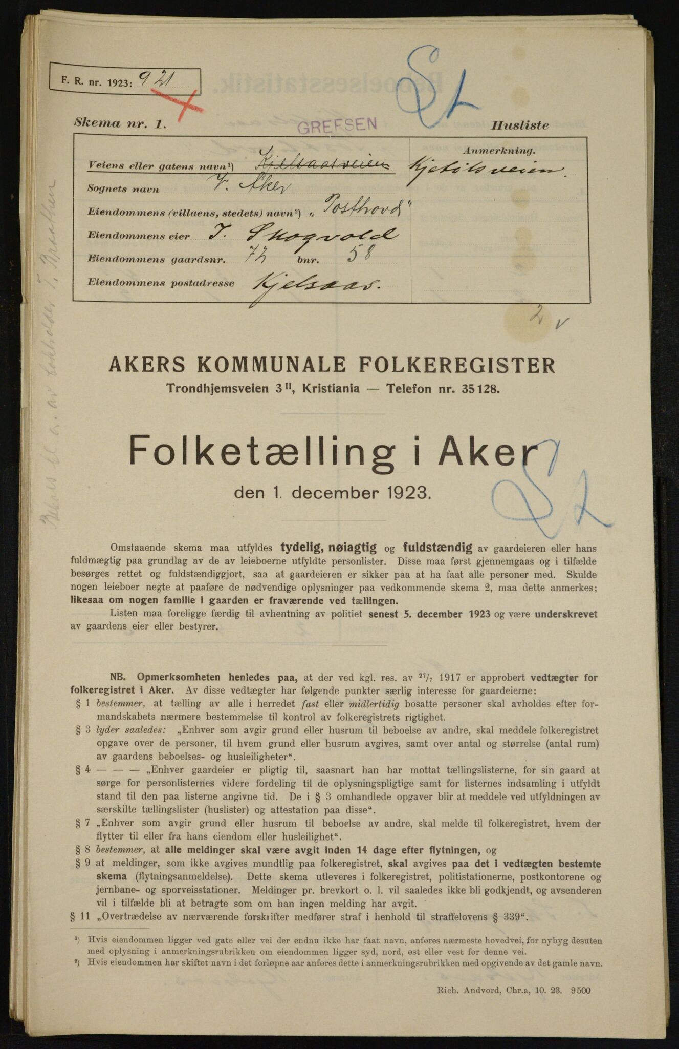 , Municipal Census 1923 for Aker, 1923, p. 13552