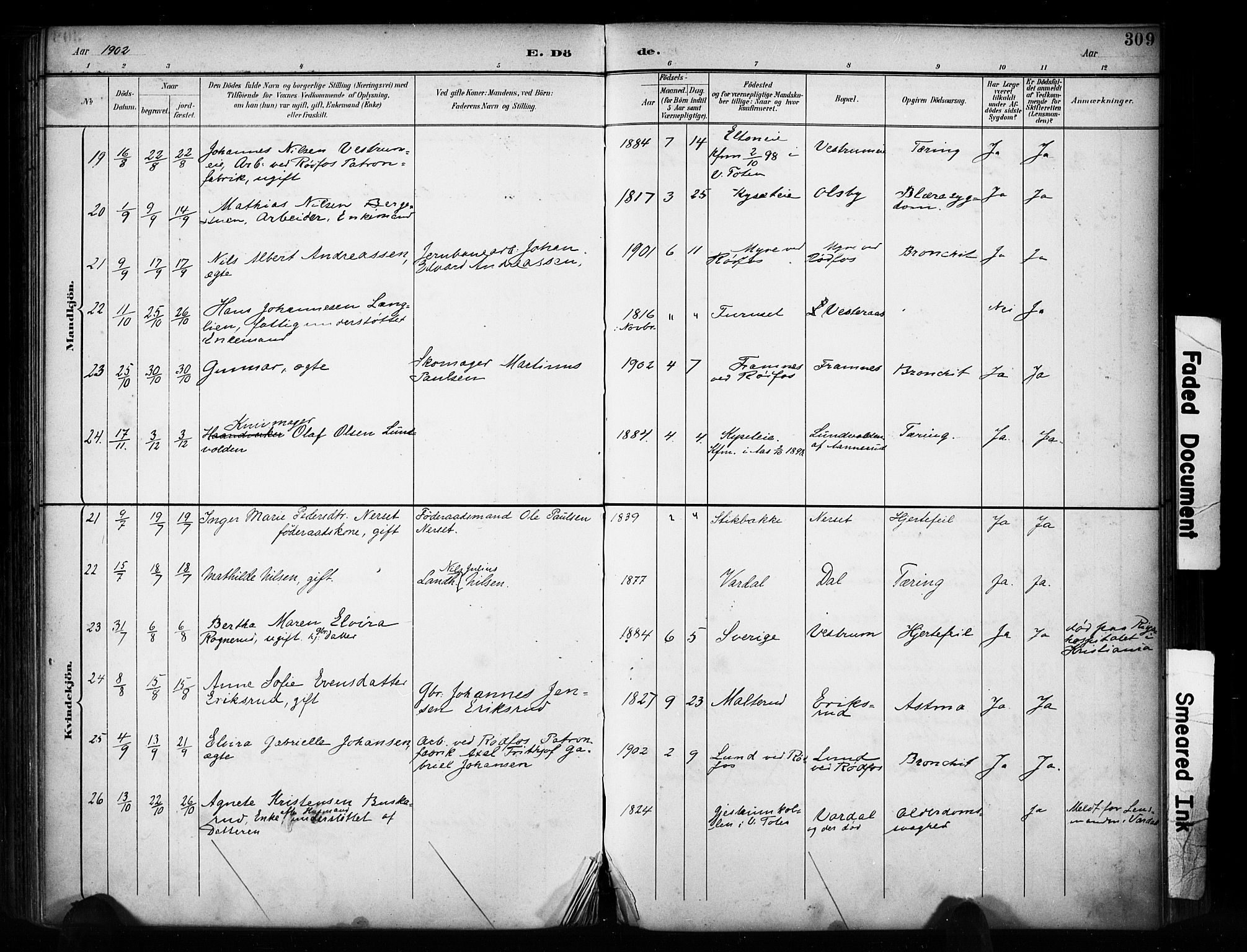 Vestre Toten prestekontor, AV/SAH-PREST-108/H/Ha/Haa/L0011: Parish register (official) no. 11, 1895-1906, p. 309