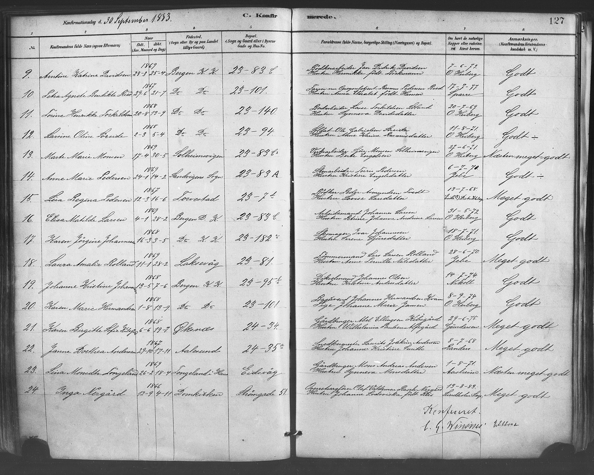 Mariakirken Sokneprestembete, AV/SAB-A-76901/H/Haa/L0007: Parish register (official) no. A 7, 1878-1893, p. 127